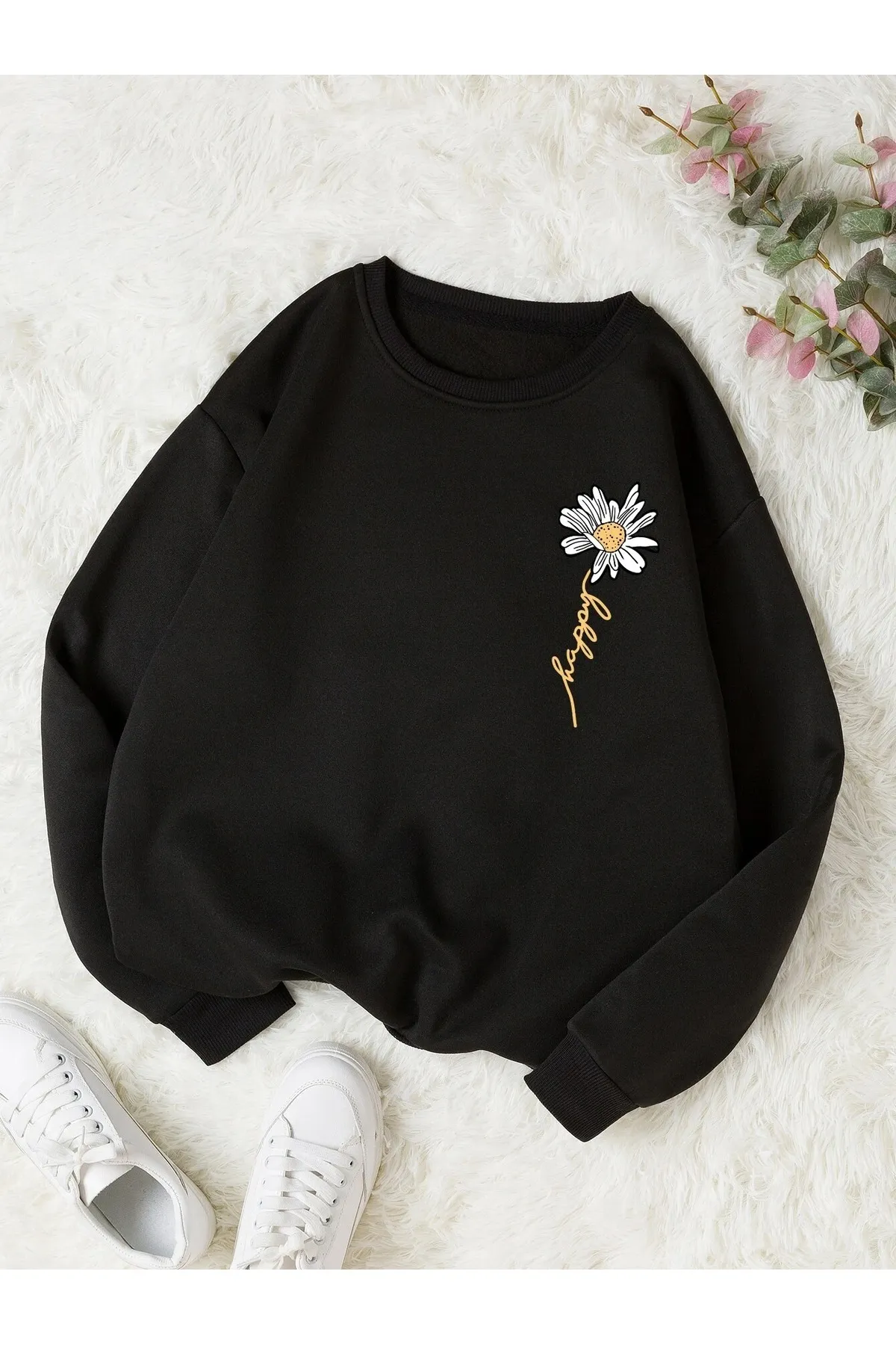 Know  Schwarzes Damen-Sweatshirt mit Gänseblümchen-Print und Rundhalsausschnitt