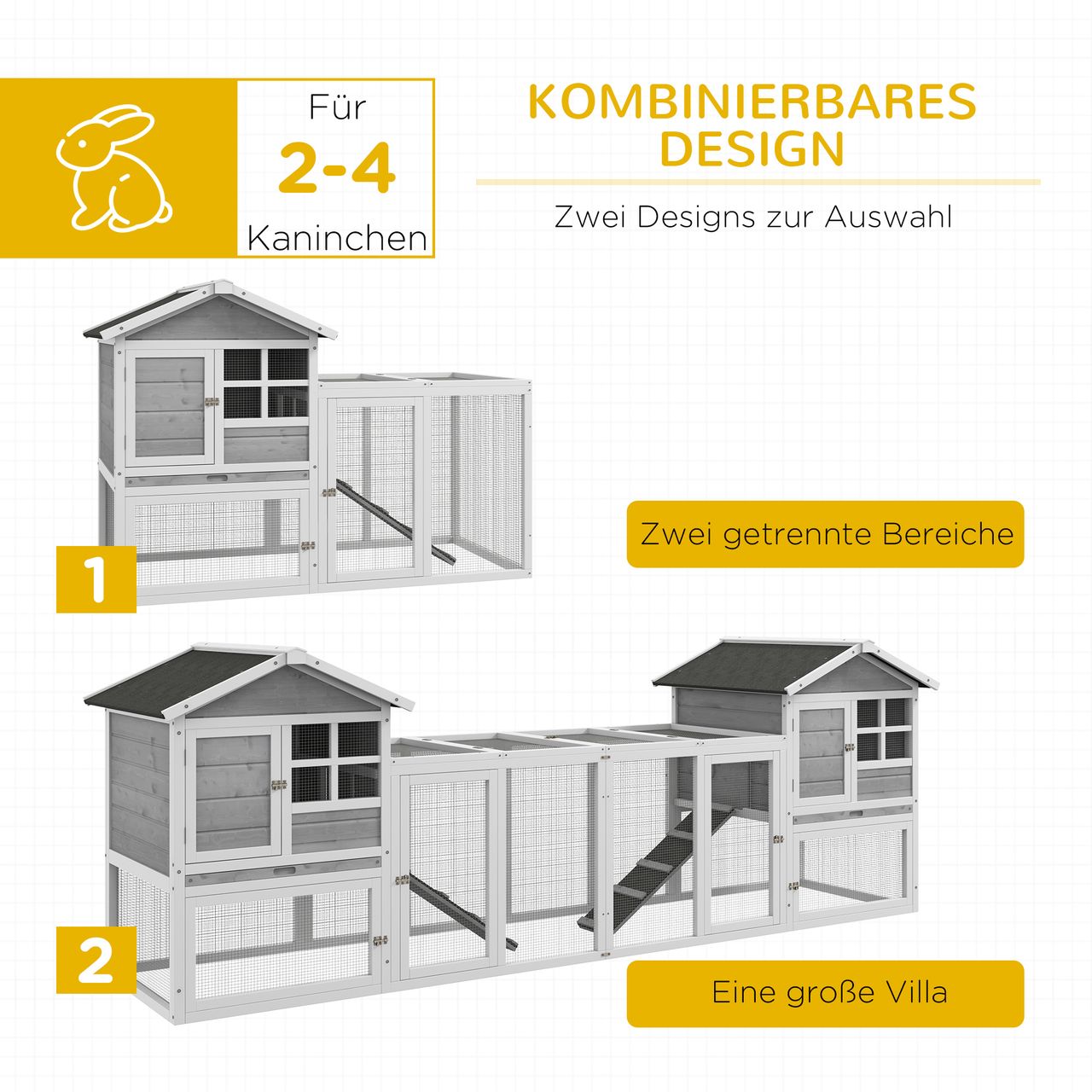 PawHut Kaninchenstall Kleintierstall aus Holz Kleintierkäfig mit Gehege, Rampe