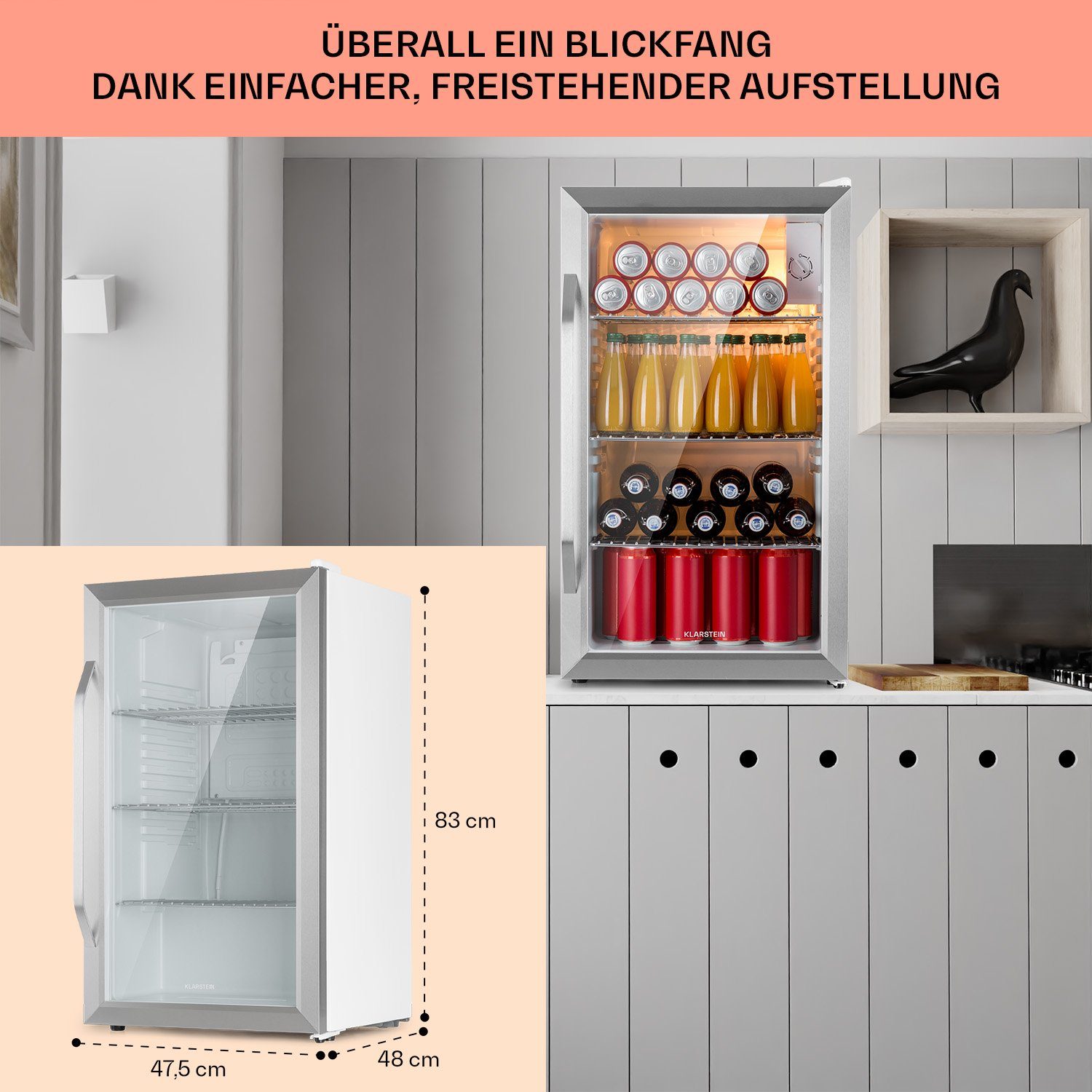 Klarstein Getränkekühlschrank HEA-BeersafeXXL-Crys 10039424, 83 cm hoch, 47.5 cm breit, Bierkühlschrank Getränkekühlschrank Flaschenkühlschrank mit Glastür