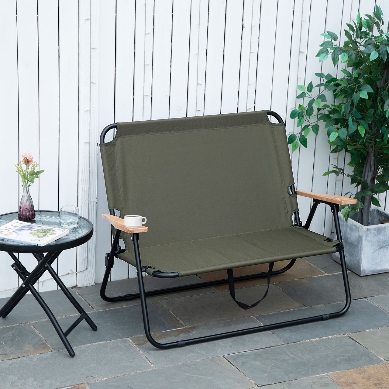 Outsunny Campingstuhl 2-Sitzer klappbar tragbar Gartenstuhl Regiestuhl Klappstuhl mit Getränkehalter für Outdoor Picknick Wandern max. Belastung 160 kg Grün 141 x 67 x 80 cm
