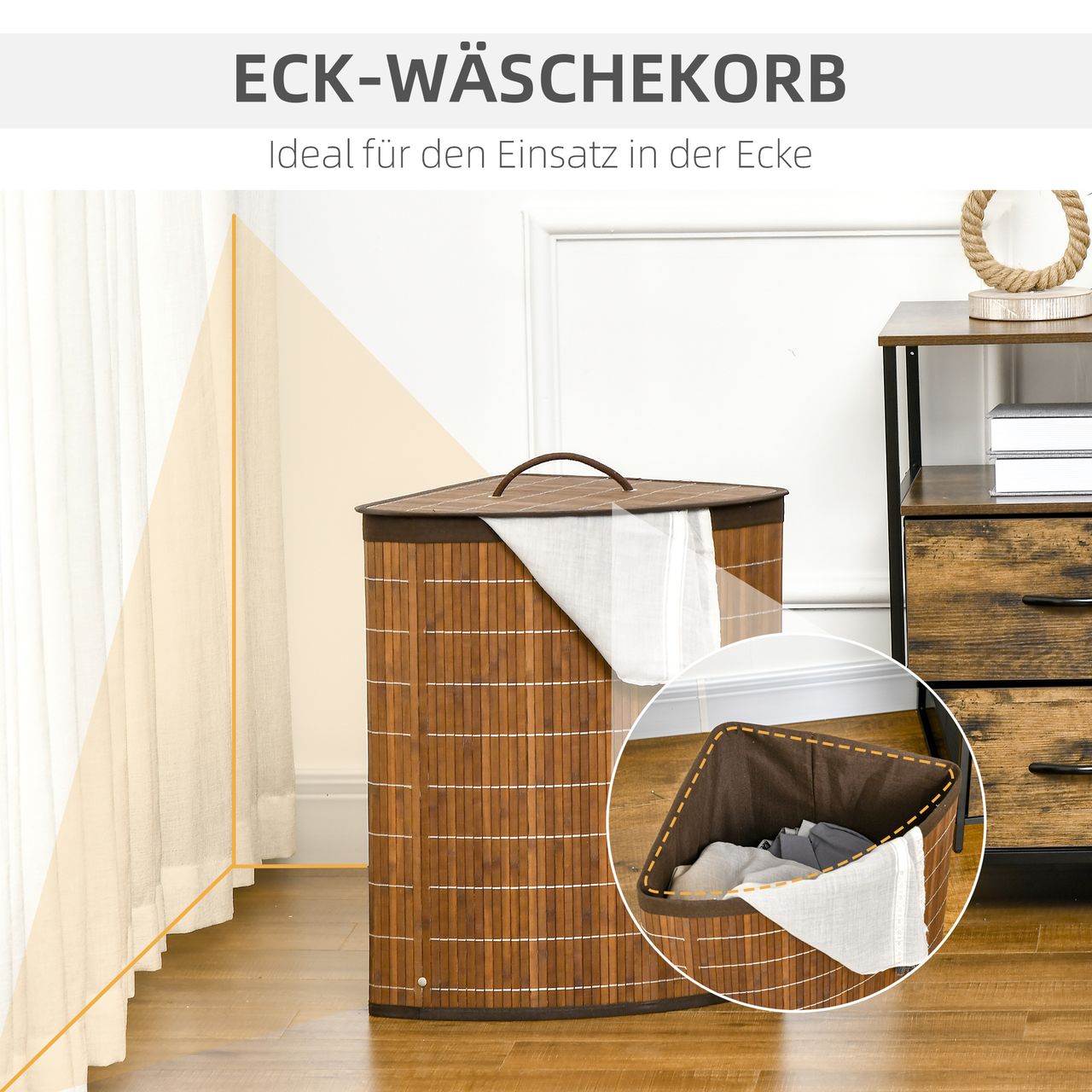 HOMCOM Wäschekorb 55L Wäschesammler Wäschebox mit Deckel, Griff, Bambus, Braun