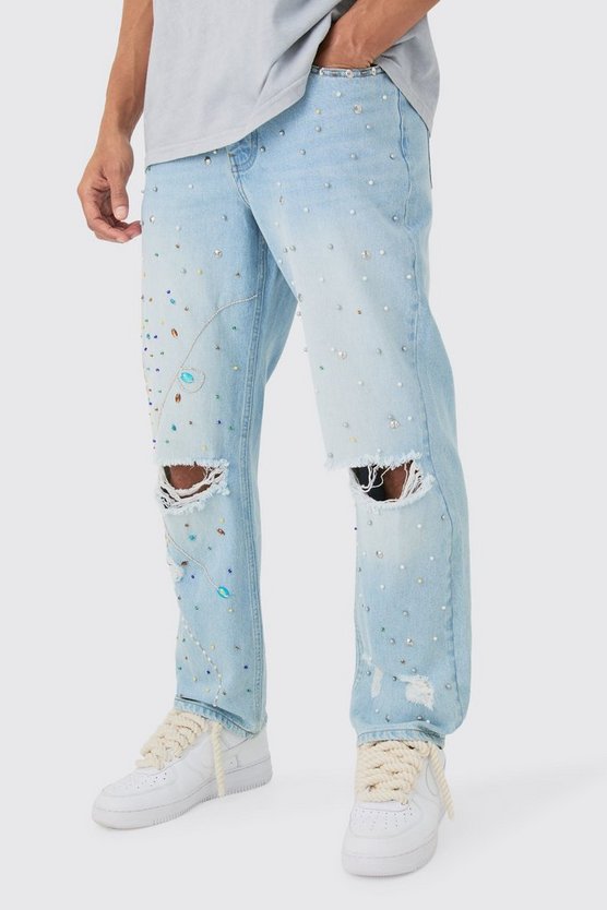 Lockere verzierte Jeans in Hellblau