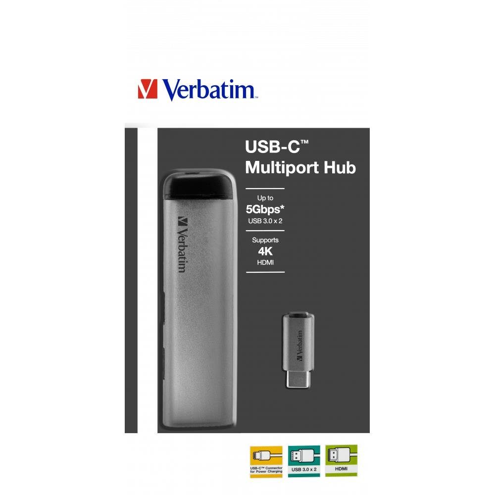 Verbatim USB-C Multiport-Hub 49140 USB-Adapter, 15 cm, USB 3.0, HDMI, Schnellladeanschluss, für Notebook Smartphone, silber