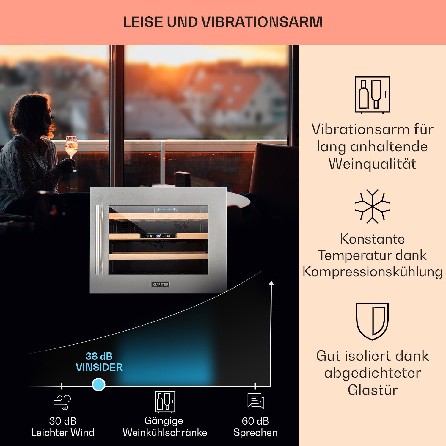 Klarstein Weinkühlschrank Vinsider 24D, für 24 Standardflaschen á 0,75l,Wein Flaschenkühlschrank Weintemperierschrank Weinschrank Kühlschrank