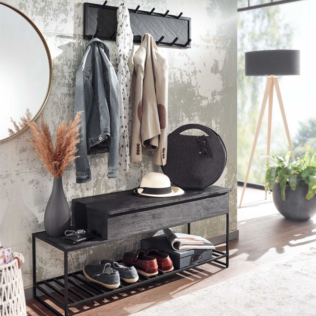 Skyport WOHNLING Garderoben Set Schwarz Holz Massiv Wandgarderobe Sitzbank Flurgarderobe