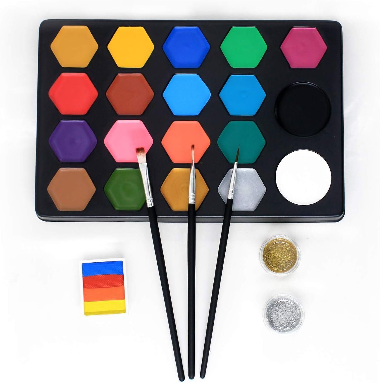 Diyarts Schminkstift (umfangreiches und sicheres Face-Painting-Kit, 19-tlg), 19 lebendige Farben, funkelnder Glitzer, wiederverwendbare Schablonen