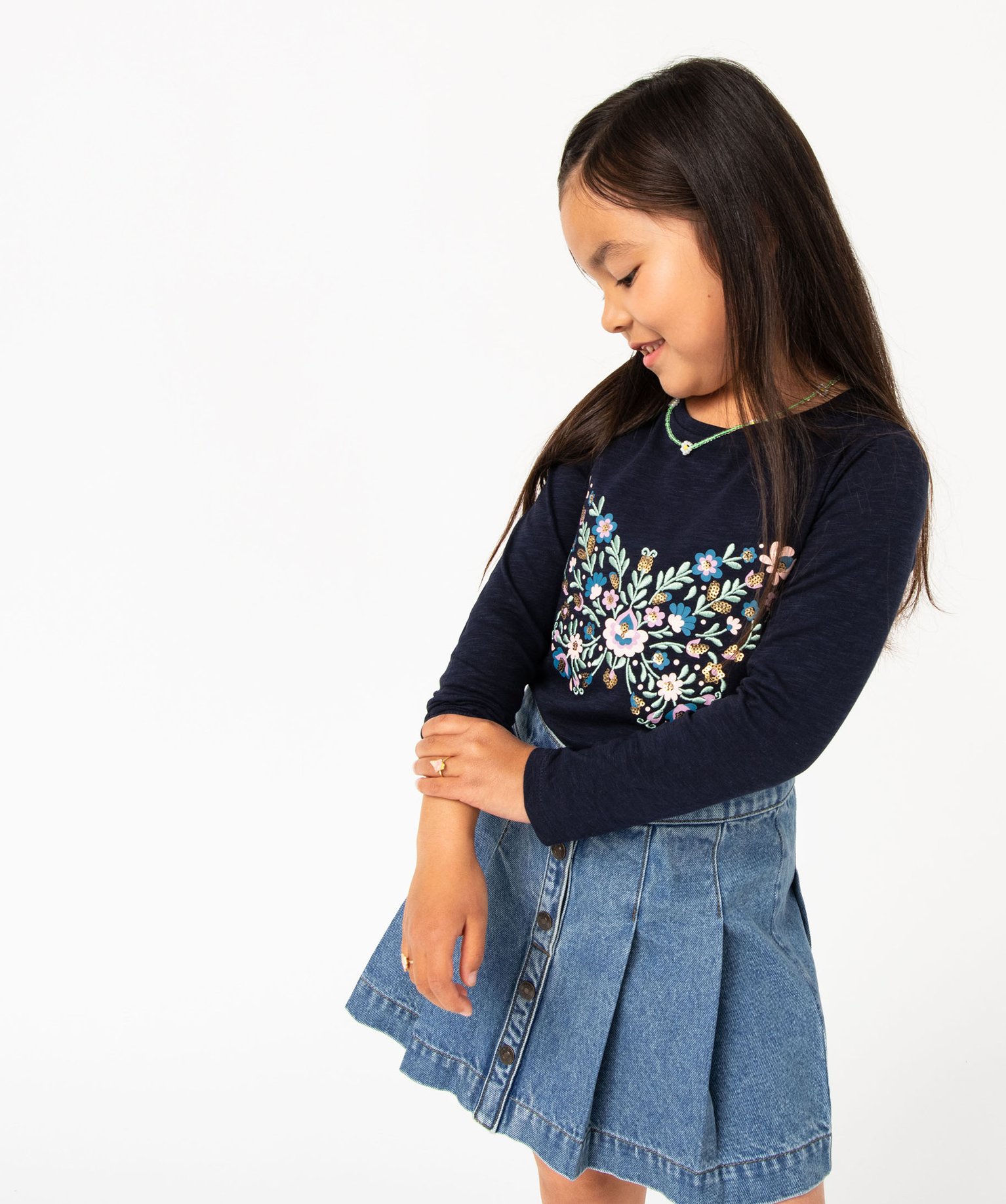 Tee-shirt à manches longues avec motif brodé fille marine | GEMO