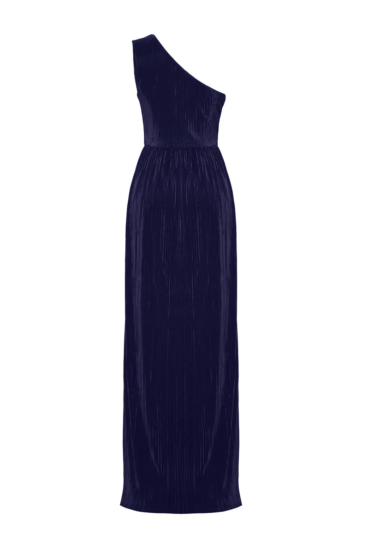 Trendyol Collection  Marineblaues, plissiertes, gefüttertes langes Abendkleid aus Strick TPRSS24AE00021