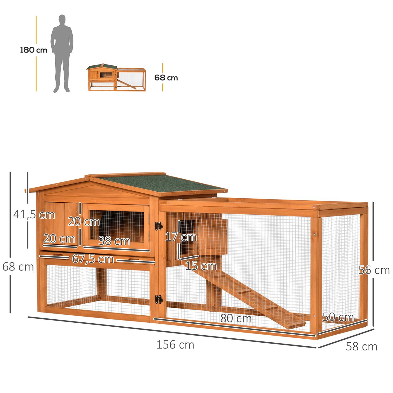 PawHut Kleintierstall Tannenholz Kleintierhaus mit Asphaltdach Kleintierkäfig mit Bodenwanne und Rampe Gehege Outdoor Indoor Orange 156 x 58 x 68 cm