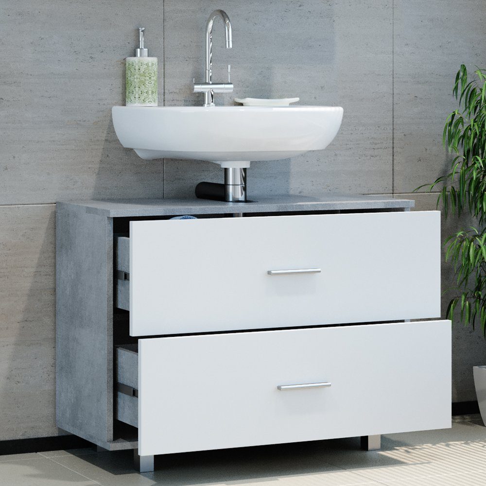 Vicco Waschbeckenunterschrank Waschtischunterschrank Badschrank ILIAS Beton Weiß Schublade