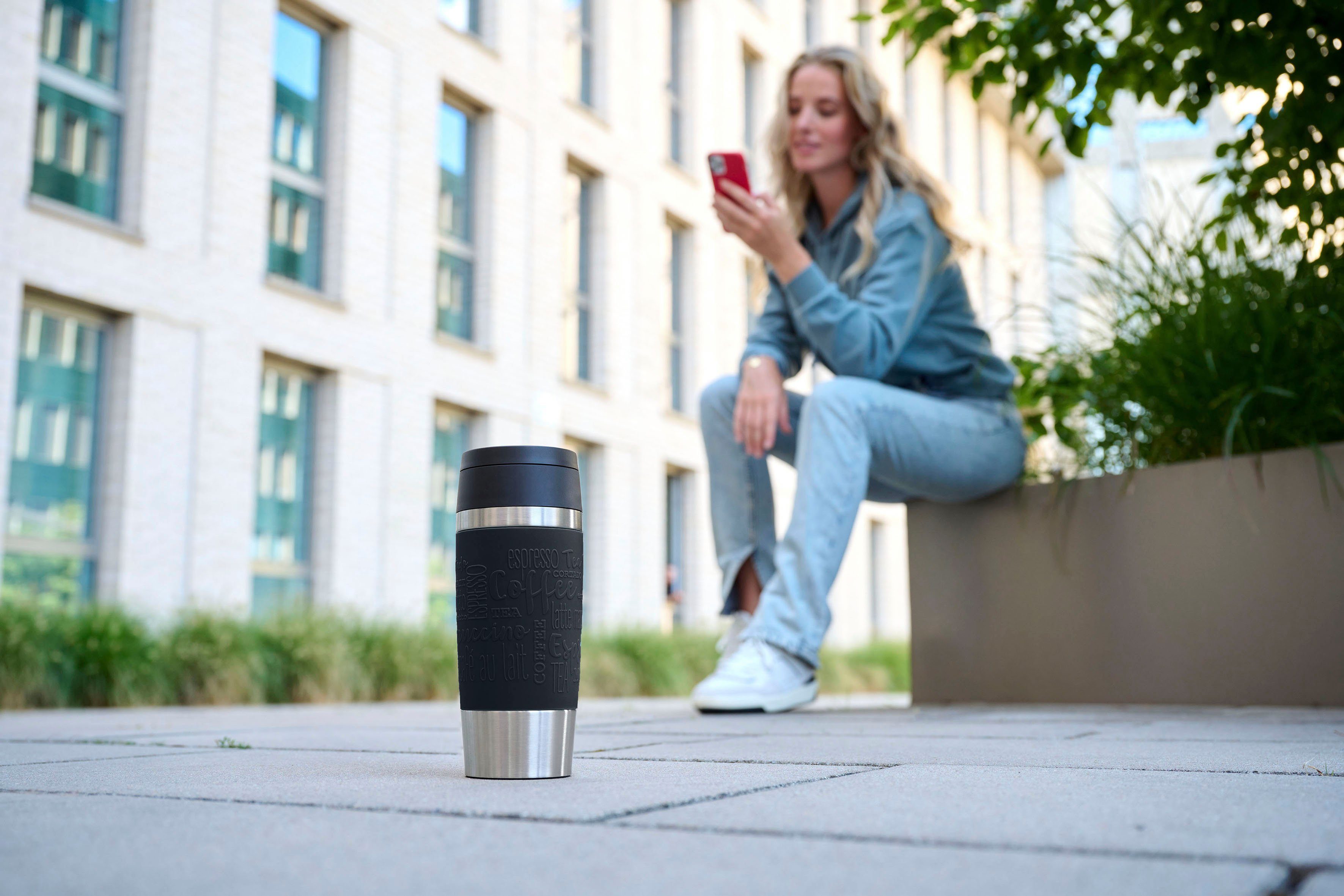 Emsa Thermobecher Travel Mug Classic, Edelstahl, Kunststoff, Silikon, 6h heiß, 12h kalt, 100% dicht, spülmaschinenfest, 360°-Trinköffnung