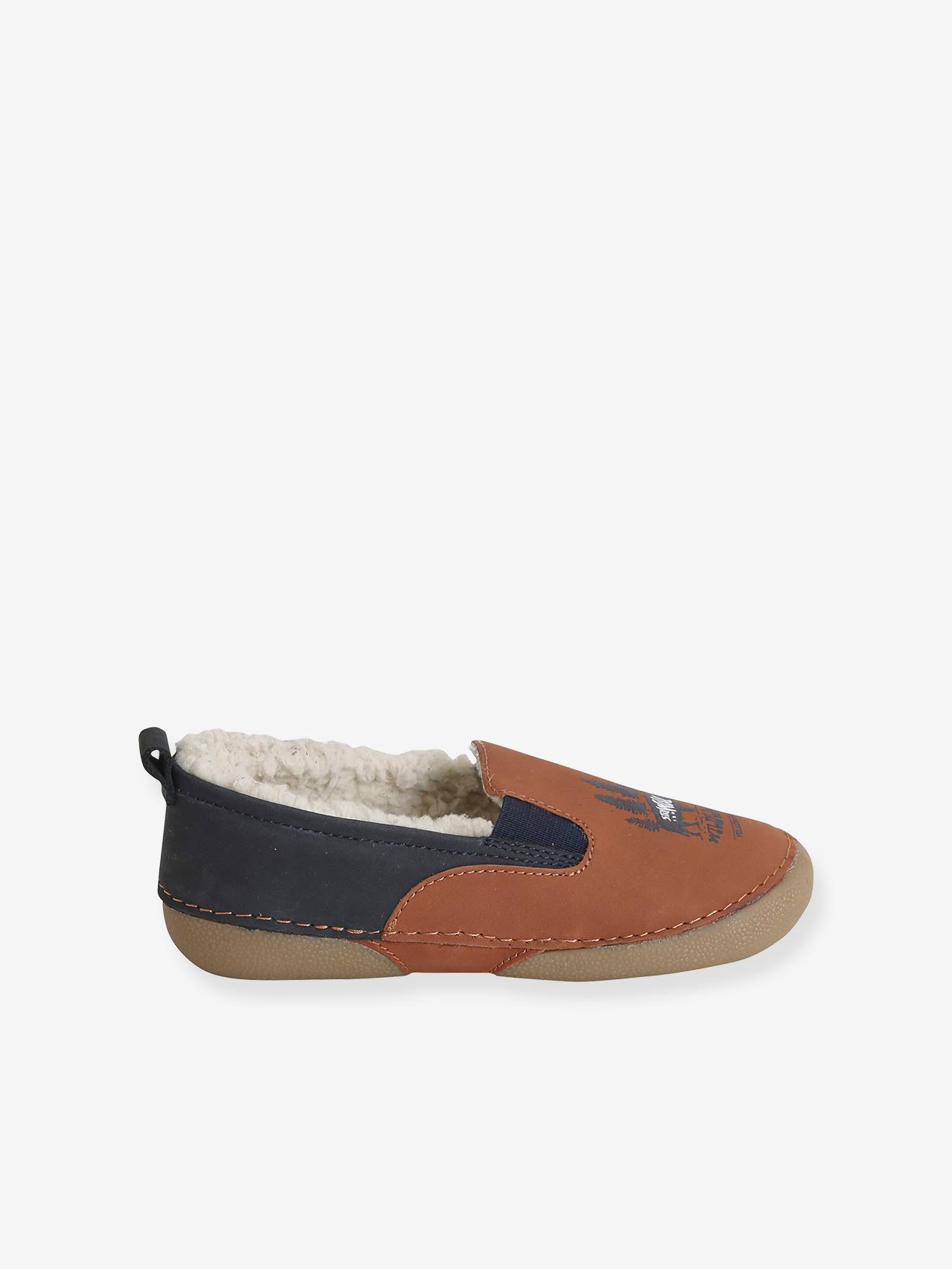 Chaussons fourrés garçon en cuir marron