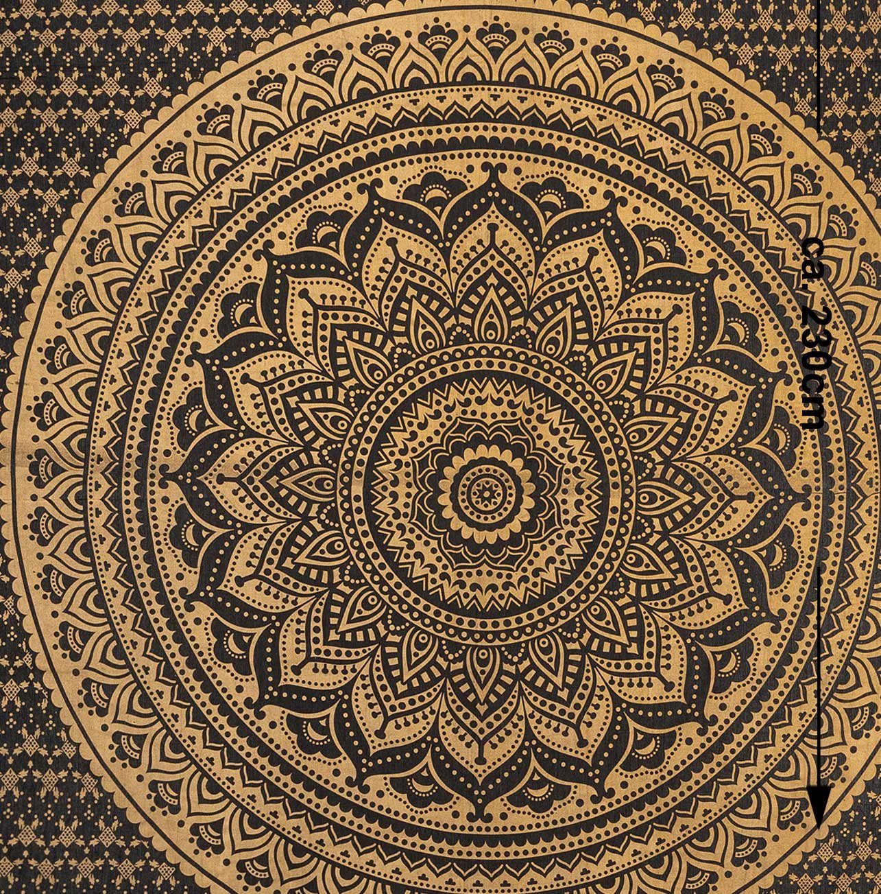 Wandteppich Tagesdecke Wandbehang Dekotuch Lotus Mandala Schwarz-Gold ca.200x230cm, KUNST UND MAGIE