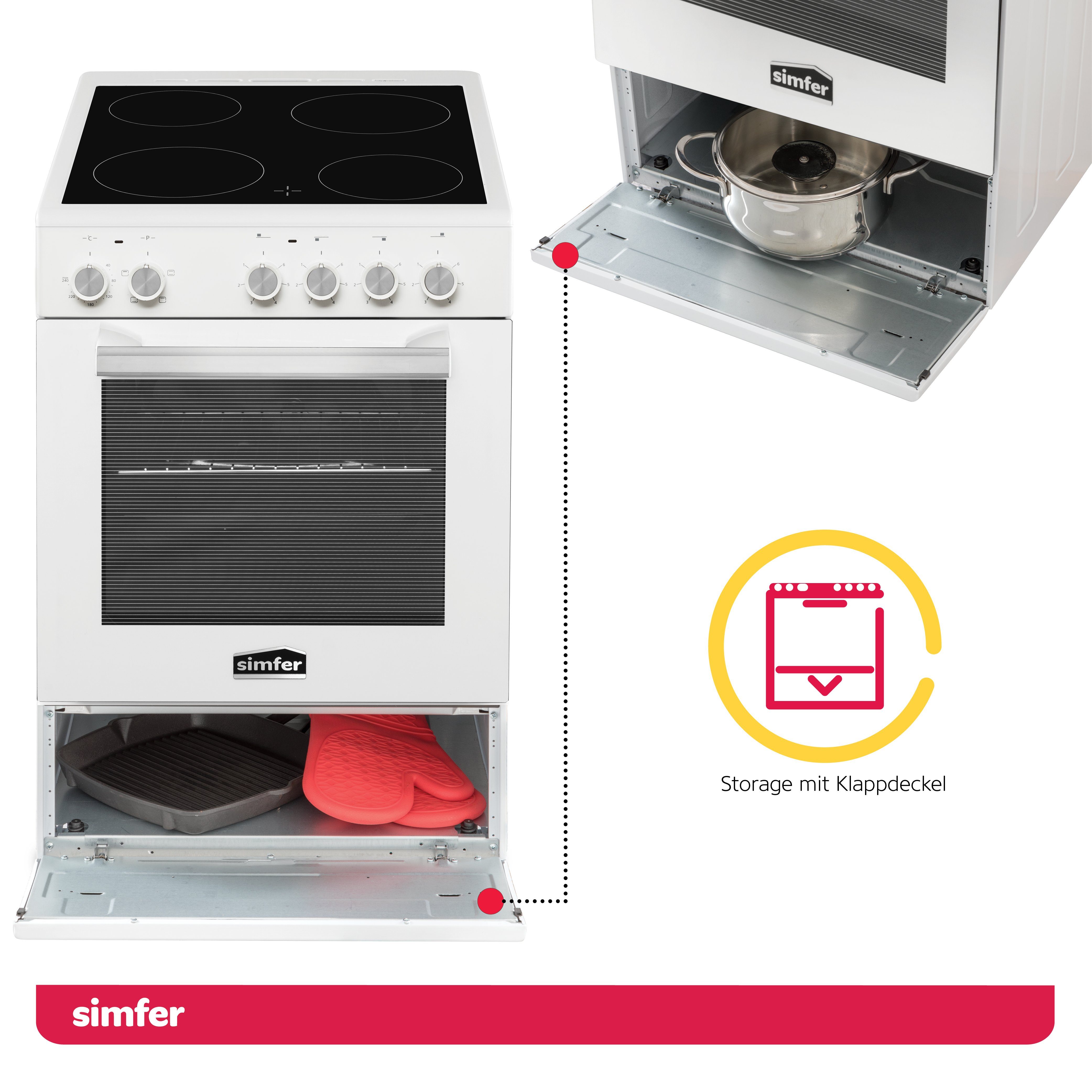 Simfer Elektro-Standherd SMF-FS 4227, 50 cm Herde, Glaskeramikkochfeld, 48 Liter, 4 Funktionen, mit Teleskopauszug nachrüstbar, Grillfunktion, Geschirrfach mit Deckel, Zweifach verglaste Backofentür