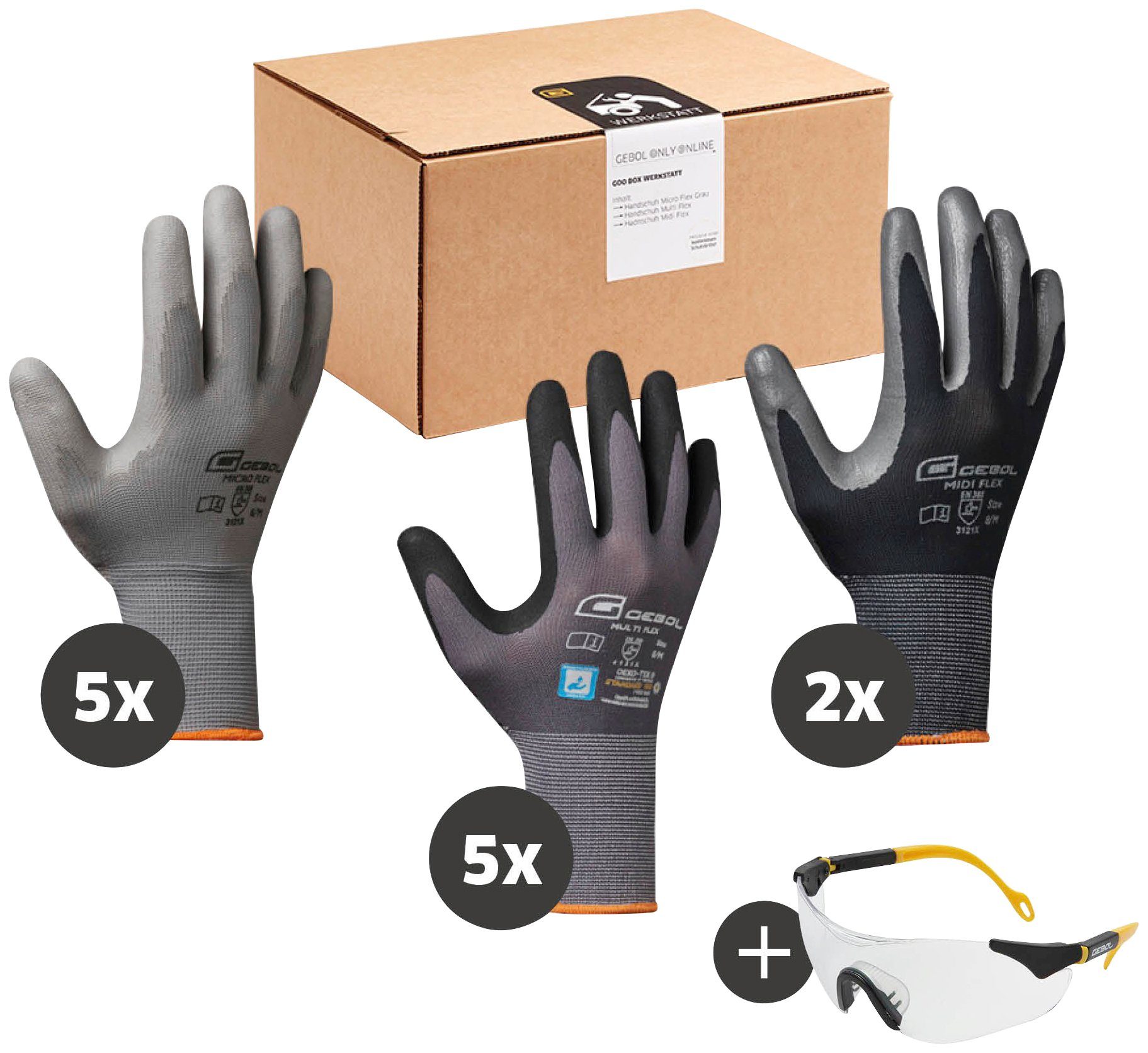 Gebol Arbeitshandschuh-Set Werkstatt 12 Paar Handschuhe und 1 Schutzbrille