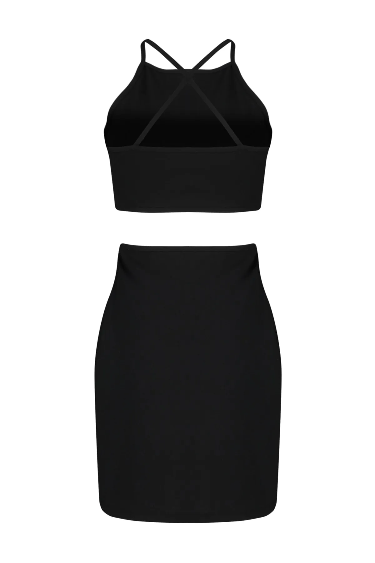 Trendyol Collection  Schwarzes, figurbetontes Mini-Bleistiftkleid aus flexiblem Strick mit Cut-Outs und Trägern TWOSS23EL02167