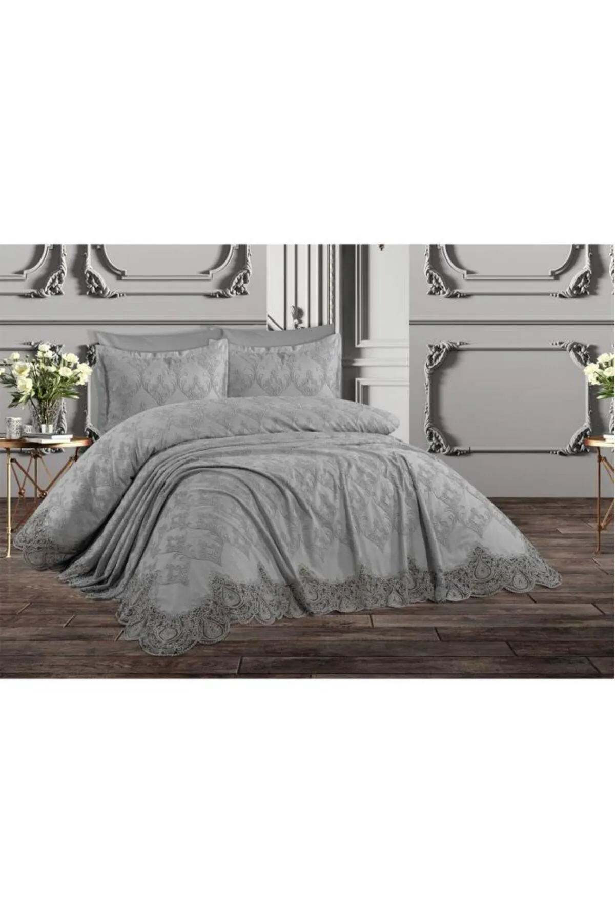 Çeyiz Diyarı  Französisches Spitzen-Seerosen-Piqué-Set, 6-teilig, Grau