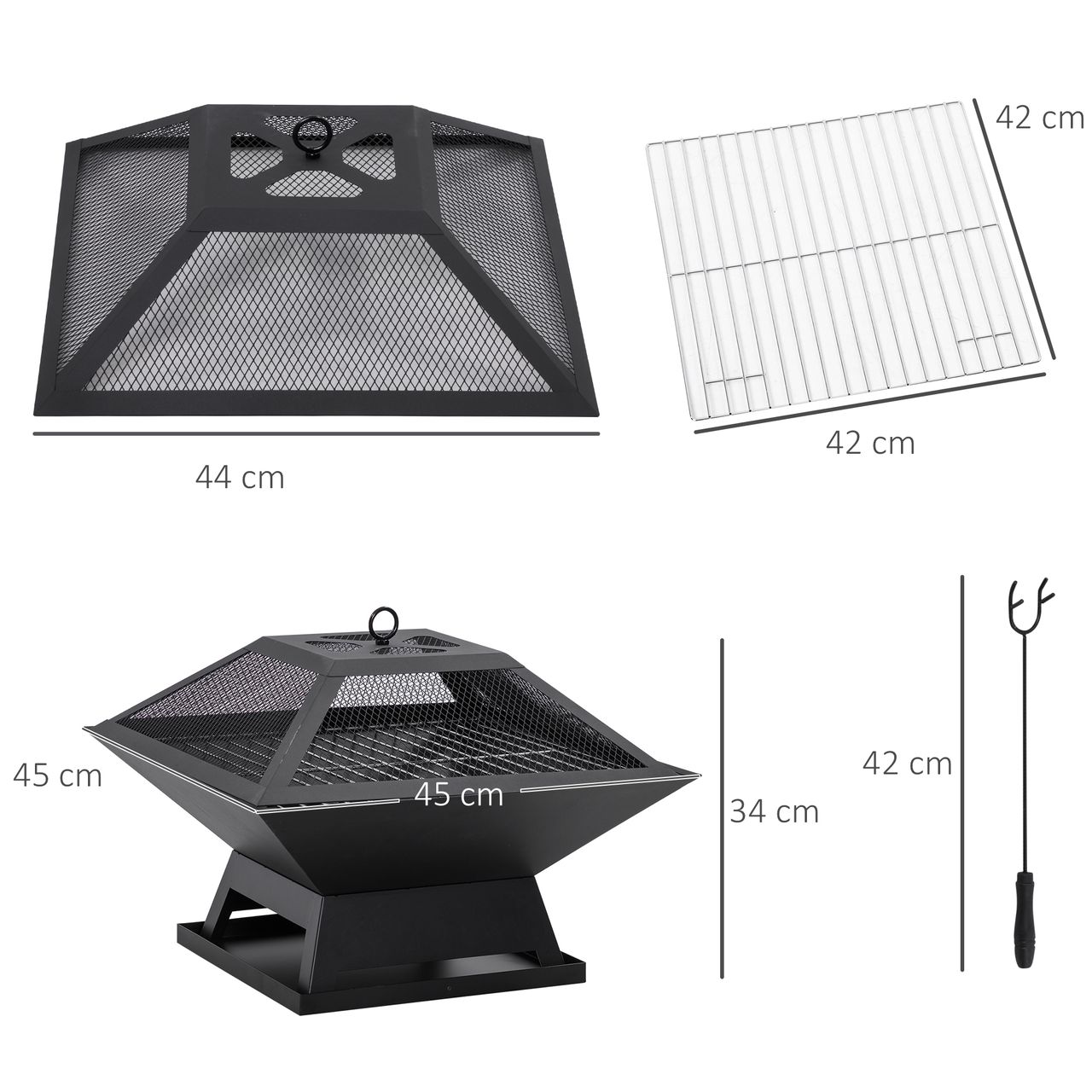 Outsunny Feuerschale mit Funkenschutz Grillrost Schürhaken Feuerkorb Feuerstelle für Garten Camping BBQ Stahl Schwarz 45 x 45 x 34 cm