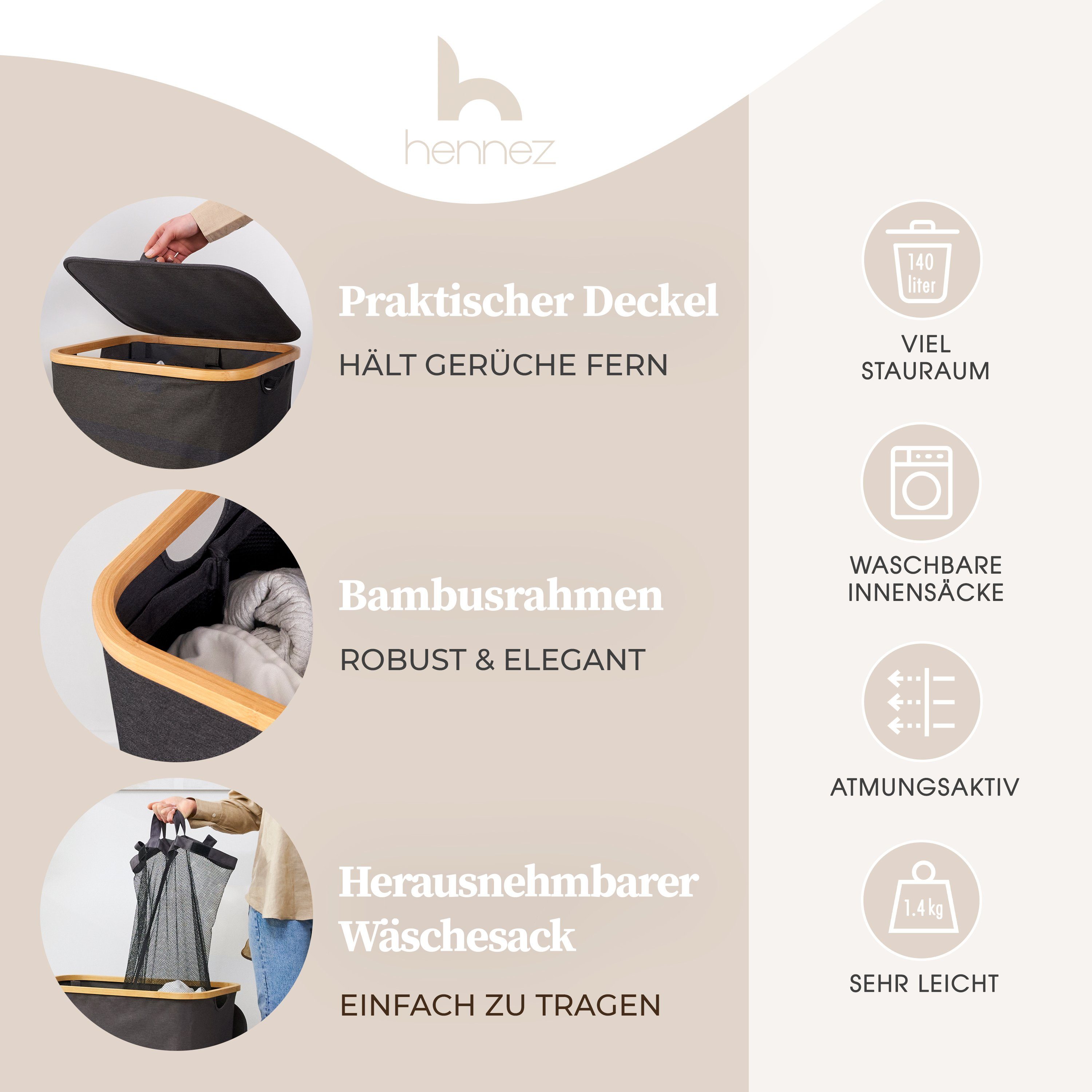 HENNEZ Wäschekorb 140 L mit Deckel, 2 Fächer (inkl. 2 herausnehmbare Wäschesäcke), Wäschesammler schmal 57 x 38 x 67 cm (L x B x H)