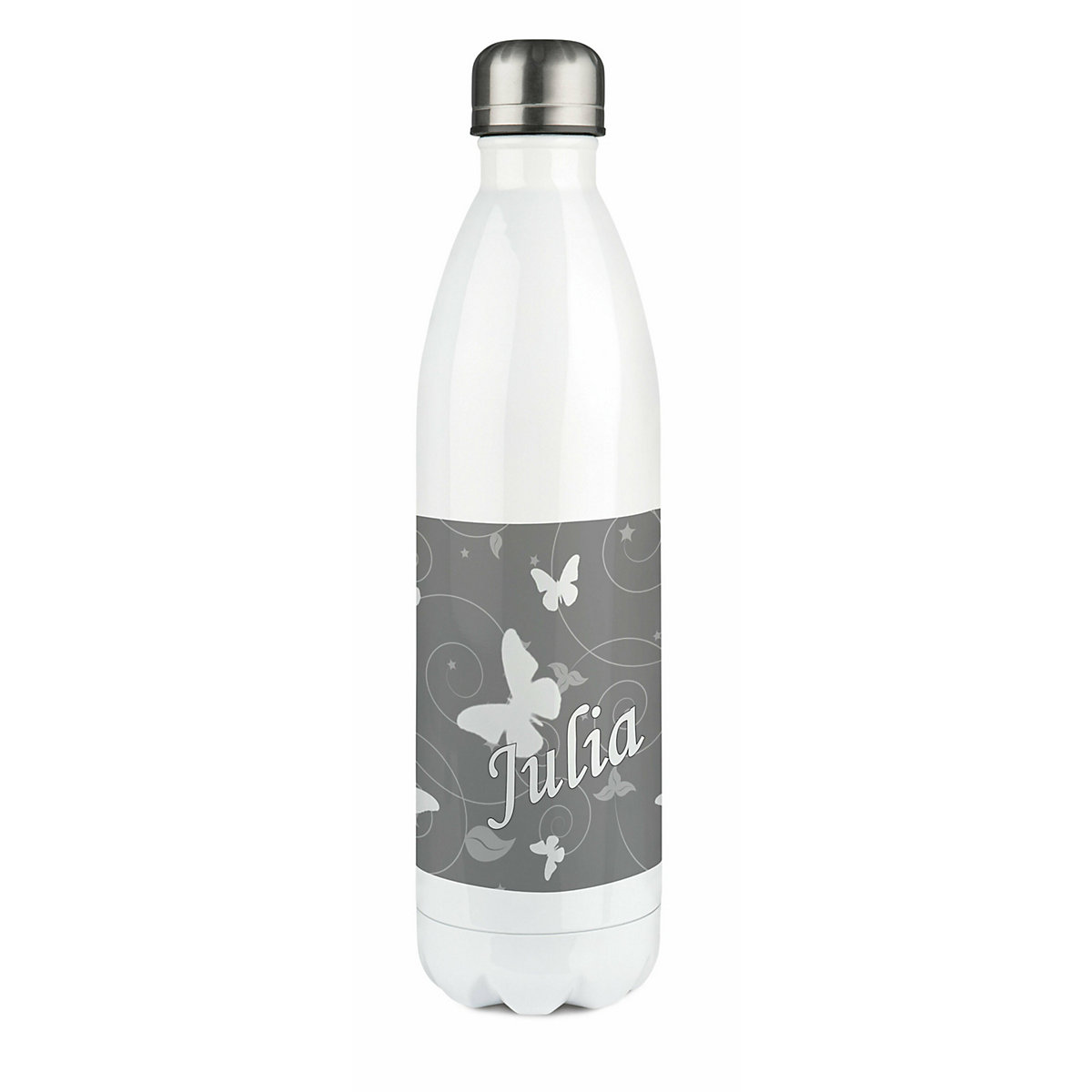 Edelstahl Kinder Thermoflasche / Trinkflasche bunt Schmetterling Ornamente Farbe grau Spülmaschinenfest, Auslaufsicher, Bruchfest, Doppelwandig, Für Heißgetränke geeignet, Mit Deckel, Isoliert