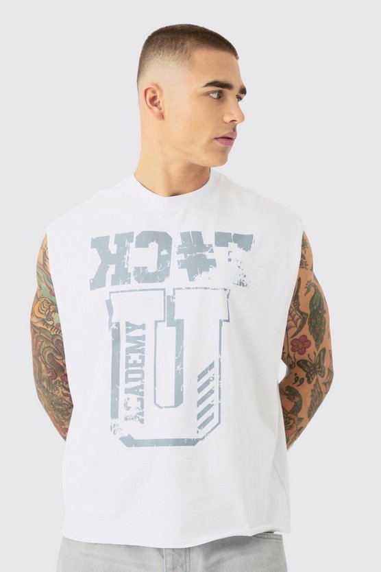 Kastiges Oversize Tanktop mit rohem Saum und Slogan-Print
