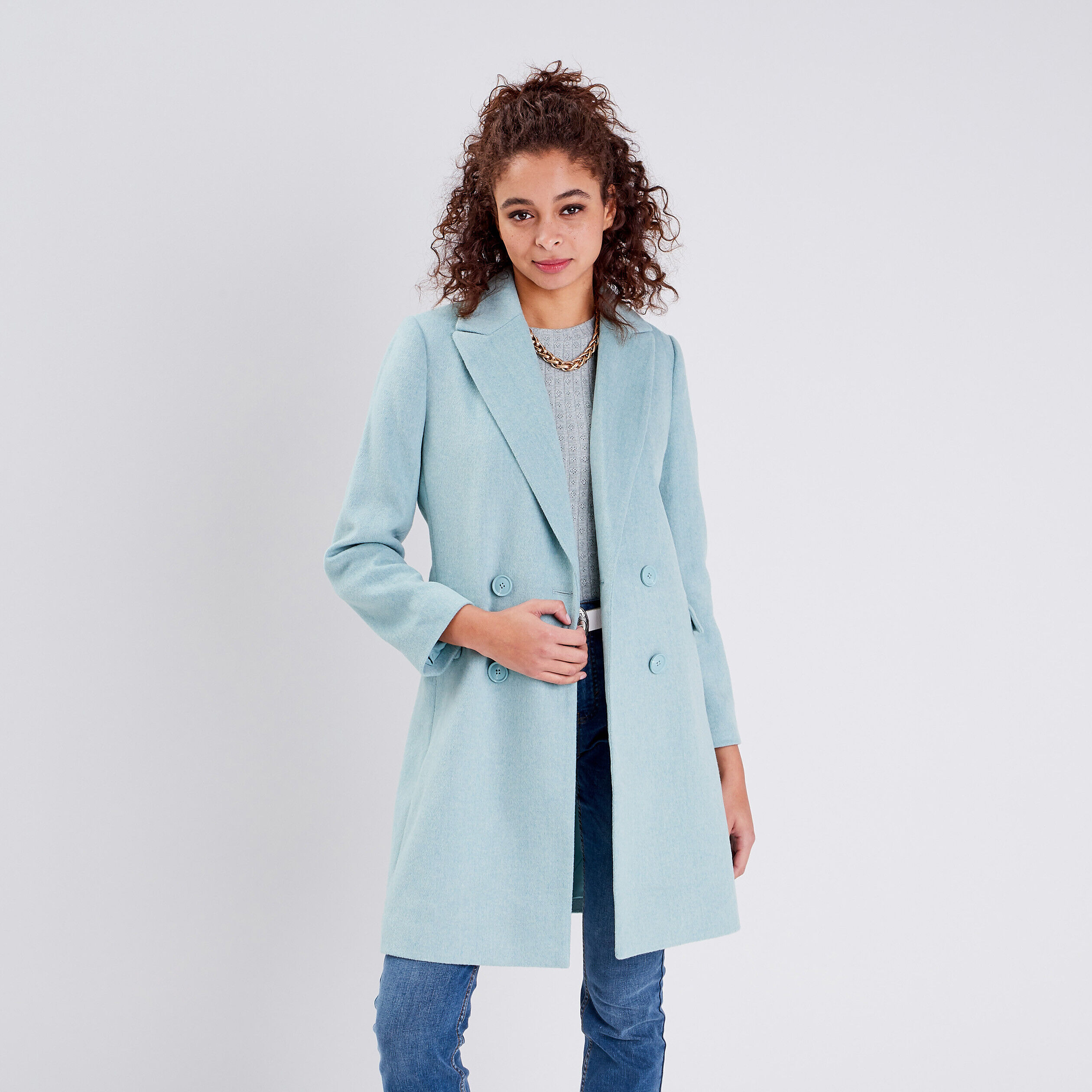 Manteau droit boutonné bleu turquoise femme | Cache Cache