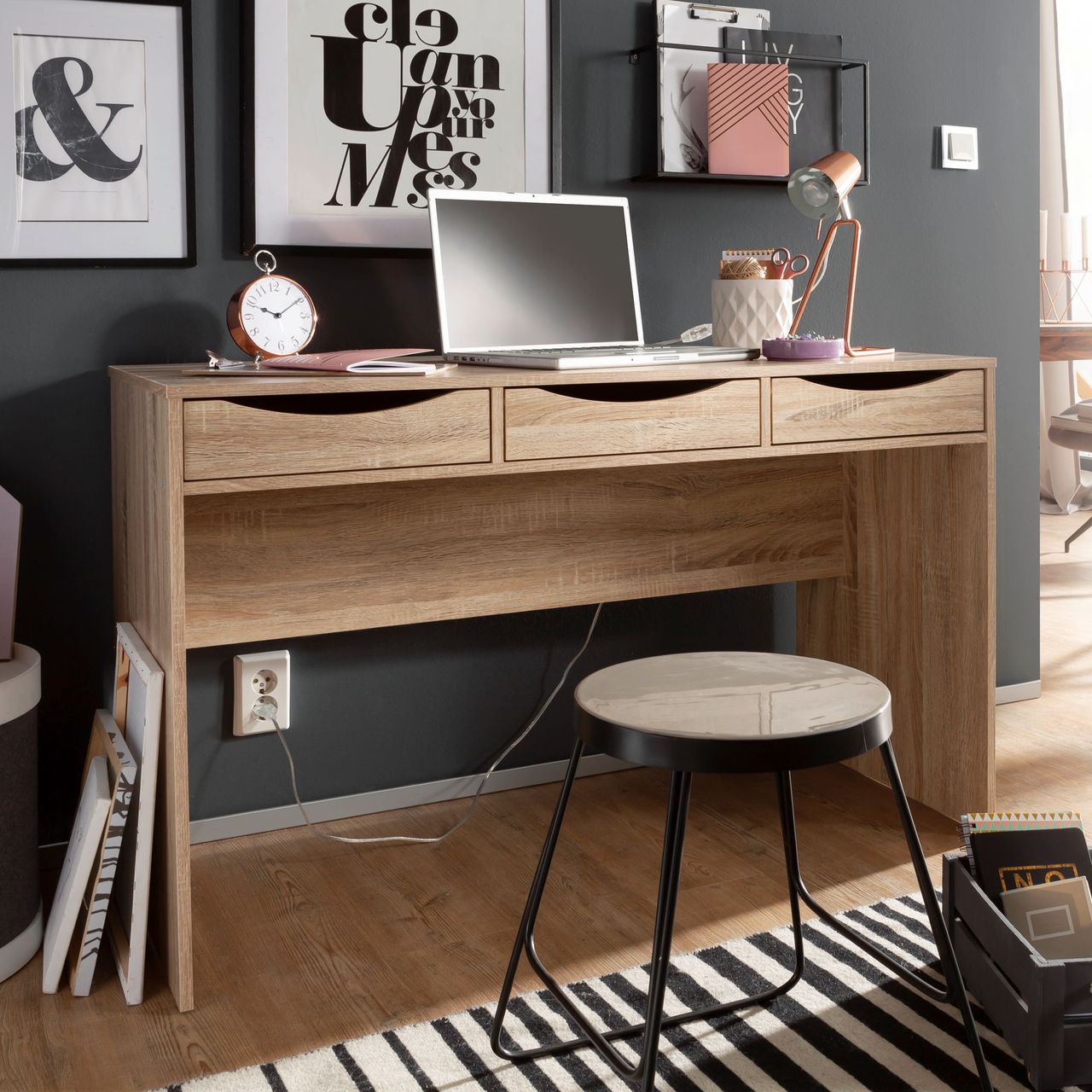 Wohnling Schreibtisch 120 cm Design Bürotisch Sonoma Eiche modern Jugendschreibtisch 3 Schubladen & Stauraum platzsparend