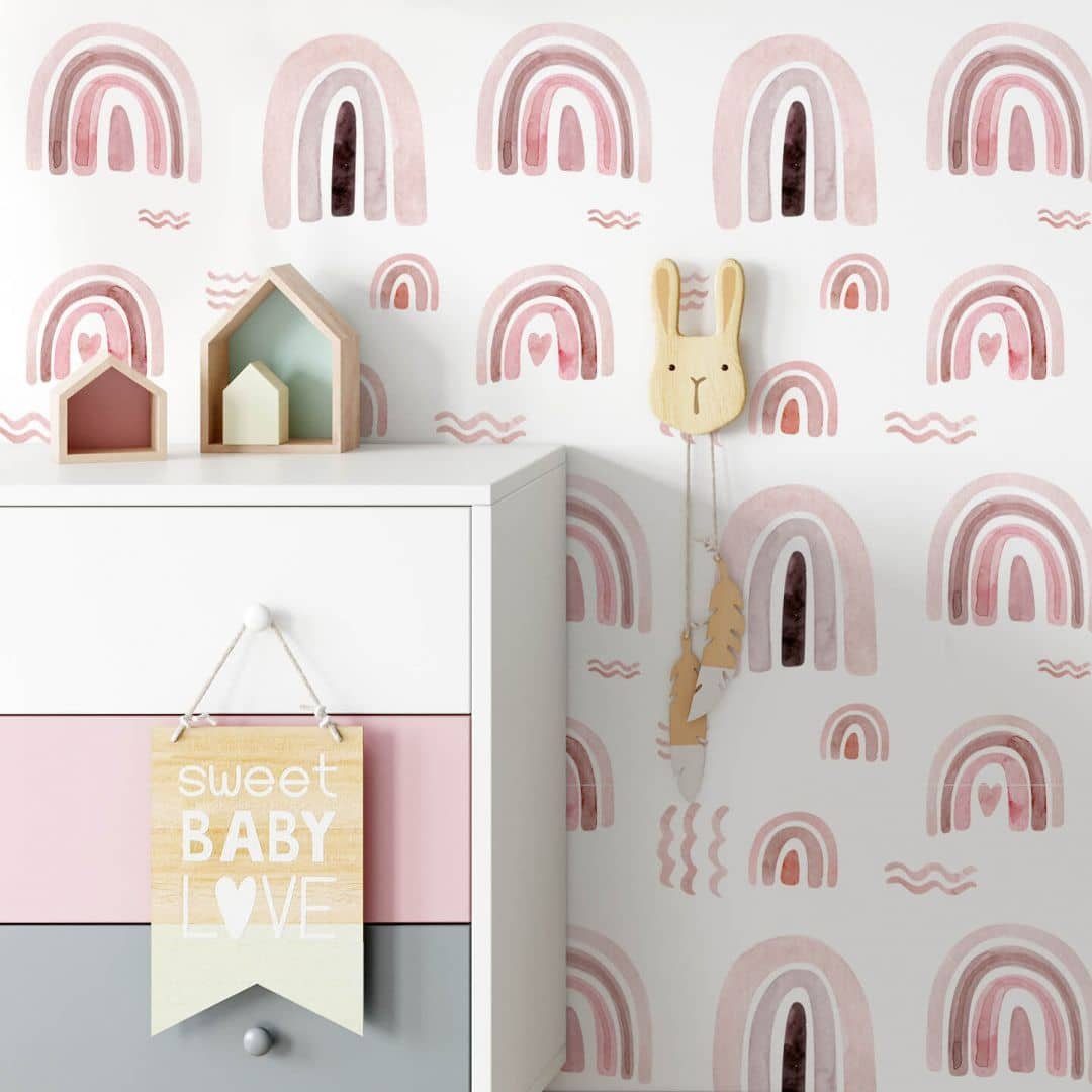 K&L Wall Art Mustertapete Mädchen Schlafzimmer Baby Rosa Regenbogen Kleinkinder wie Handgemalt, Abstrakt Tapete