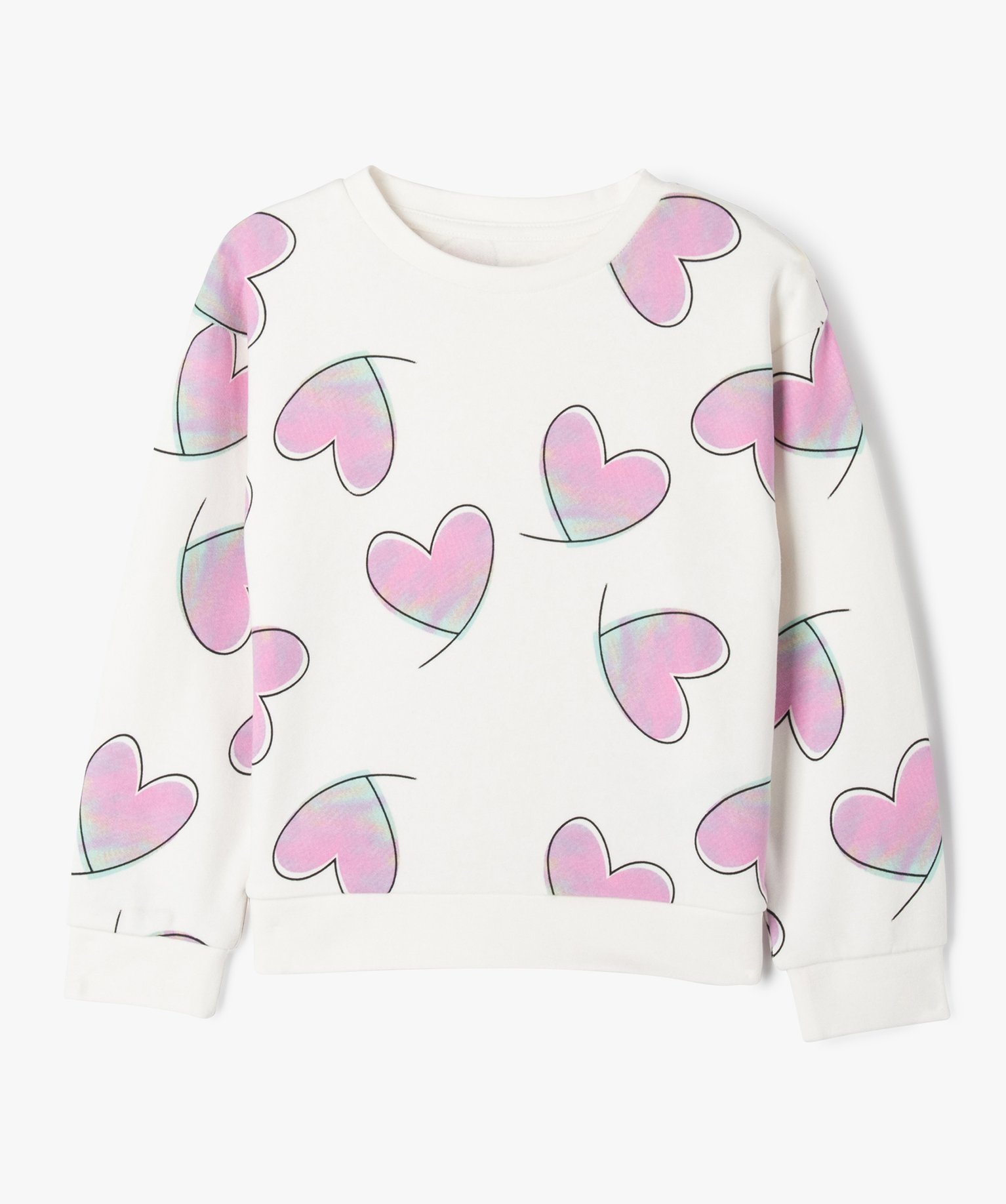 Sweat à col rond à motifs coeurs fille ecru | GEMO