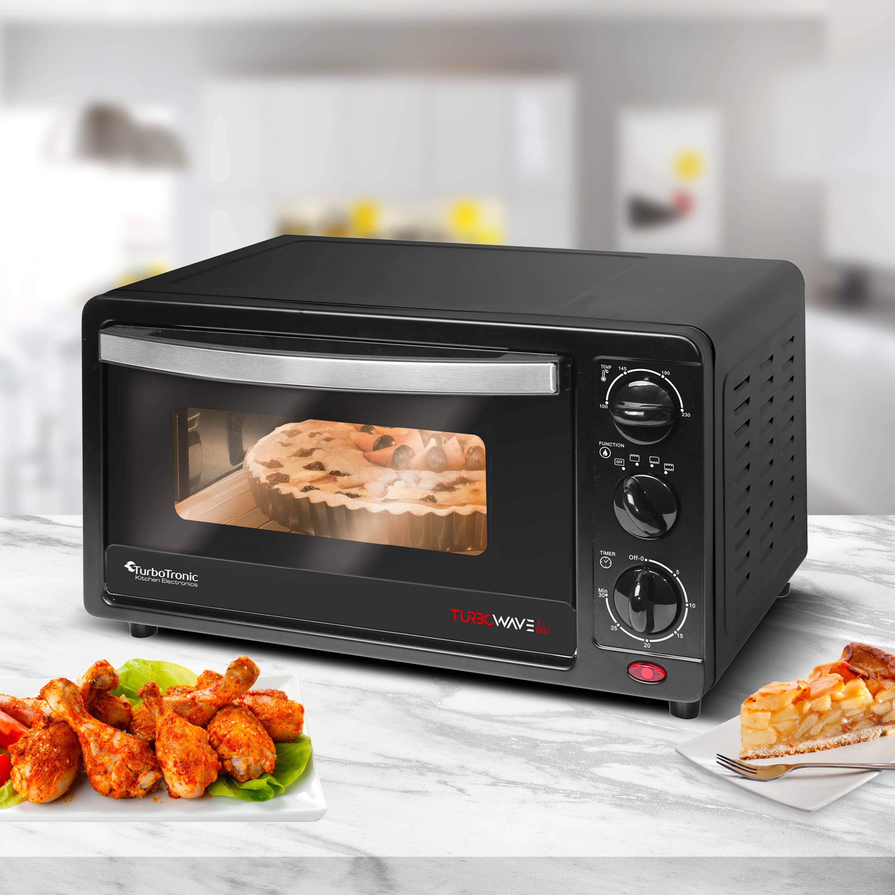 TurboTronic by Z-Line Minibackofen 14 Liter Schwarz, inkl. 1x Grillrost & 1x Backblech 1200W Camping, Pizzaofen 100-230°C Tischbackofen, Kleiner Ofen