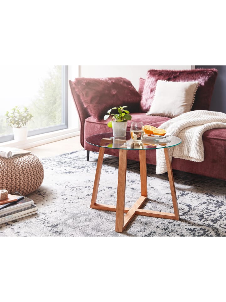 KADIMA DESIGN Couchtisch 58x58x47 cm Sofatisch Eiche Massivholz / Glas Rund, Design günstig kaufen onesize