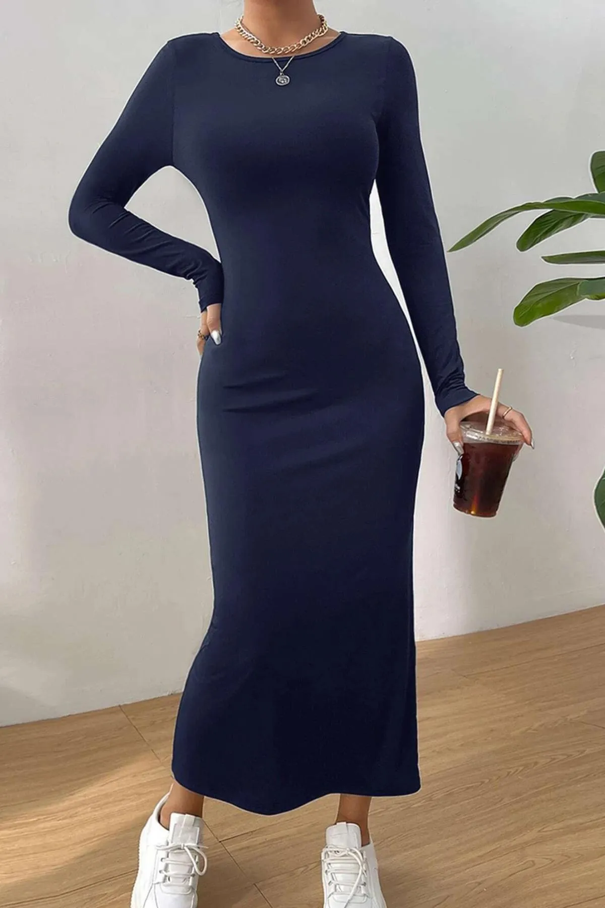 Madmext  Marineblaues Basic-Halbfischerkleid mit langen Ärmeln MG1947