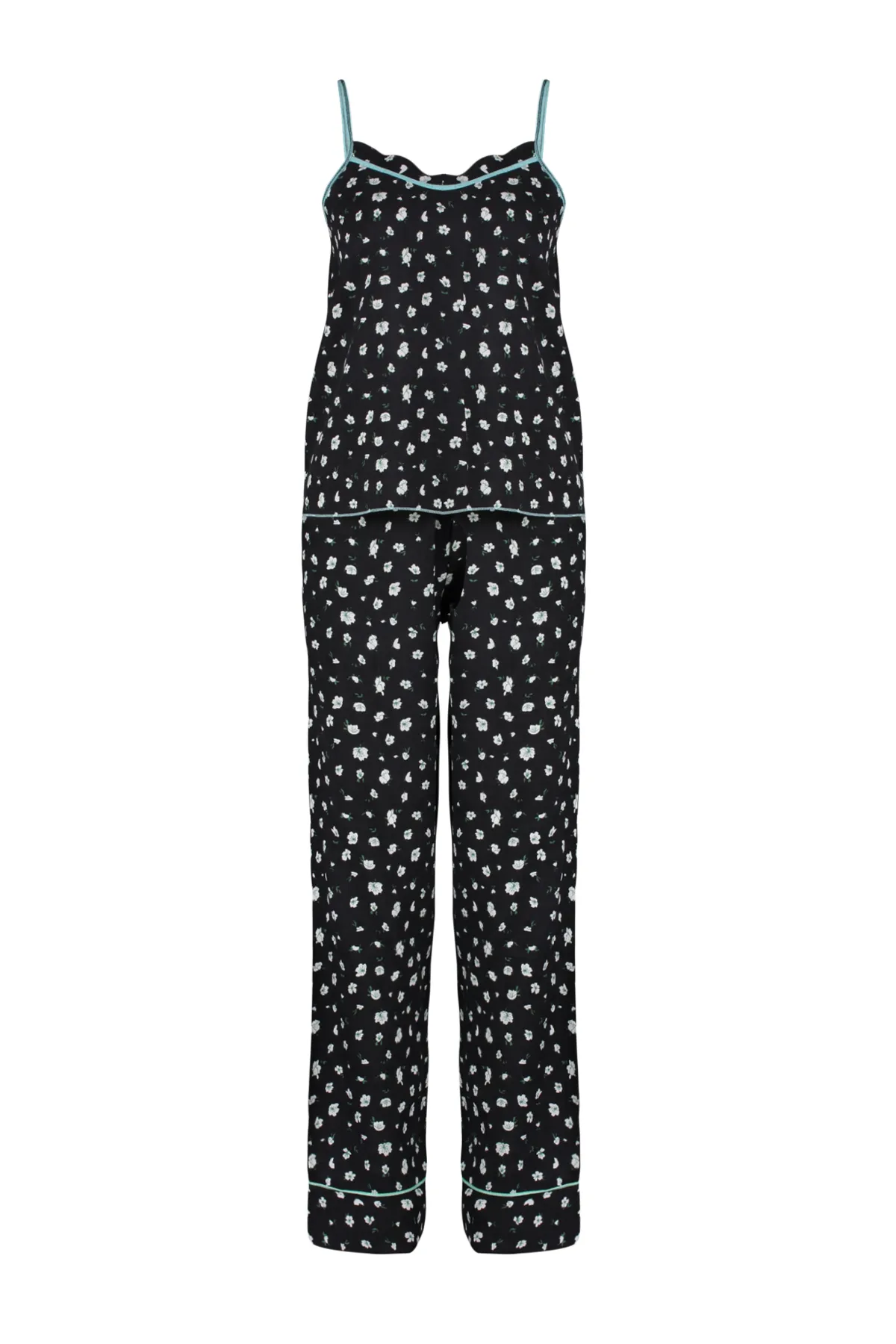 Trendyol Collection  Schwarzes Pyjama-Set mit Blumenmuster, 100 % Baumwolle, Kordelriemen, THMSS24PT00305