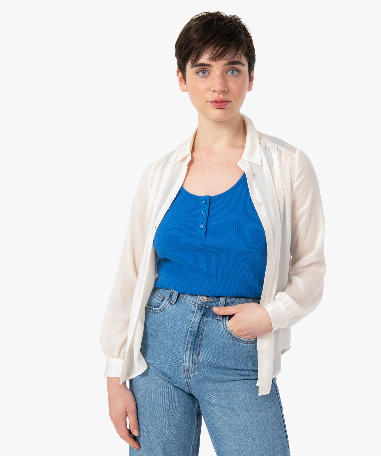 Chemise en satin à manches longues femme ecru | GEMO