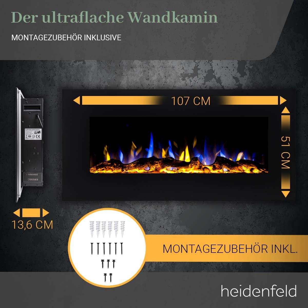 Heidenfeld Elektrokamin Kamin Heizung Wandkamin HF-WK500 750/1500 Watt inkl. 3 J. Garantie LED, 3D Flammen - Bluetooth Lautsprecher - Fernbedienung - Elektroheizung