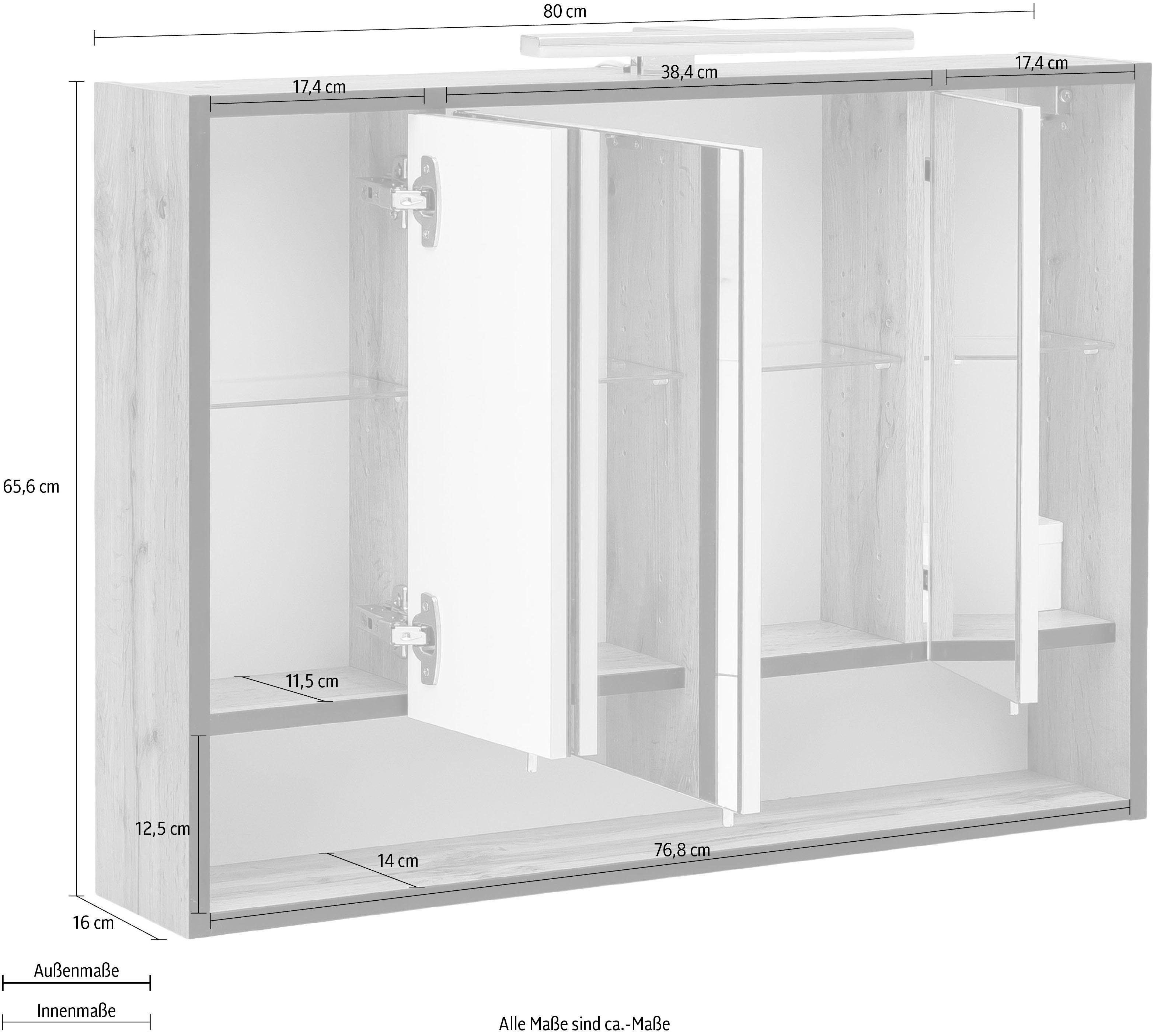 Schildmeyer Spiegelschrank Maxima Breite 80 cm, 3-türig, LED-Beleuchtung, Schalter-/Steckdosenbox