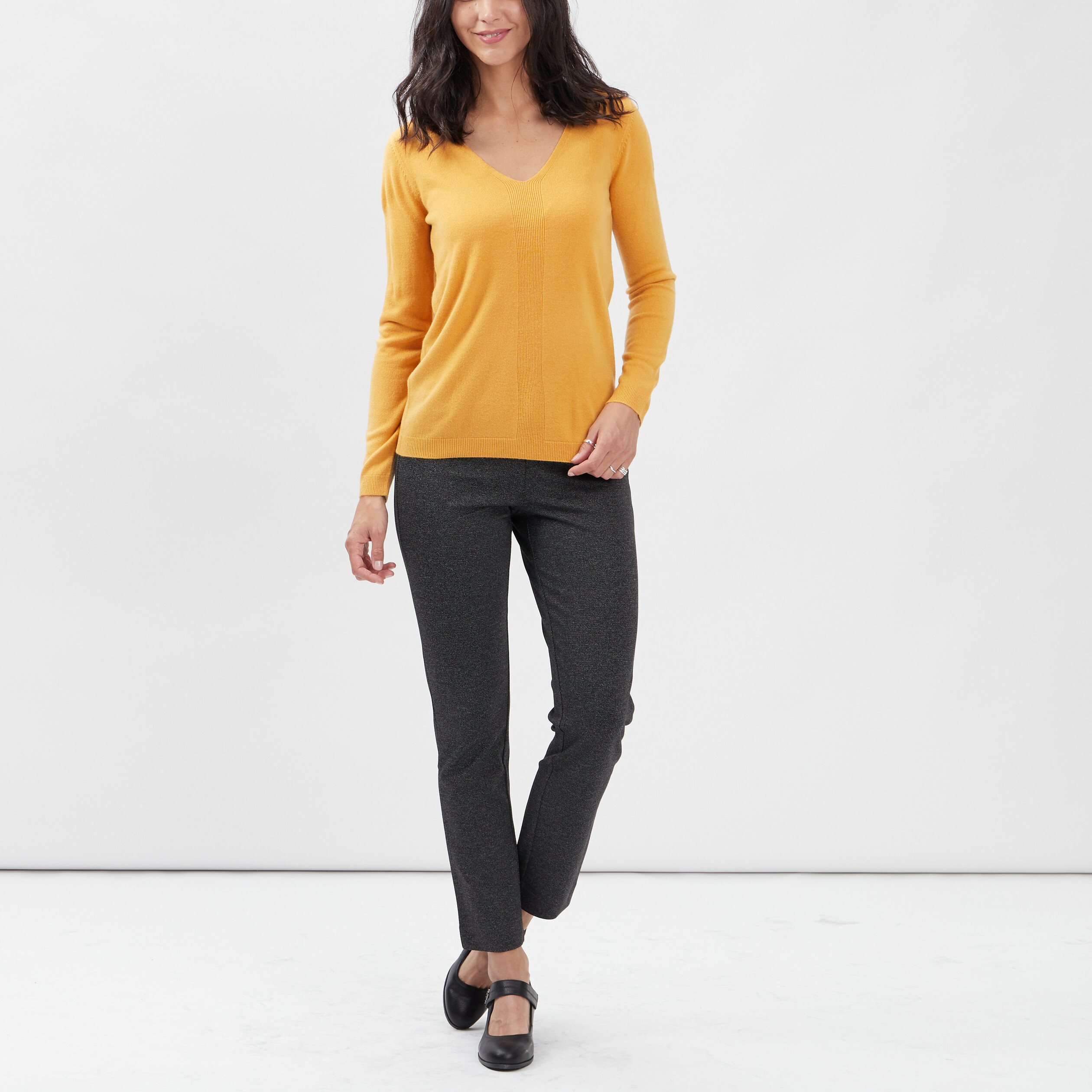 Pull col V manches longues jaune moutarde femme | La Halle