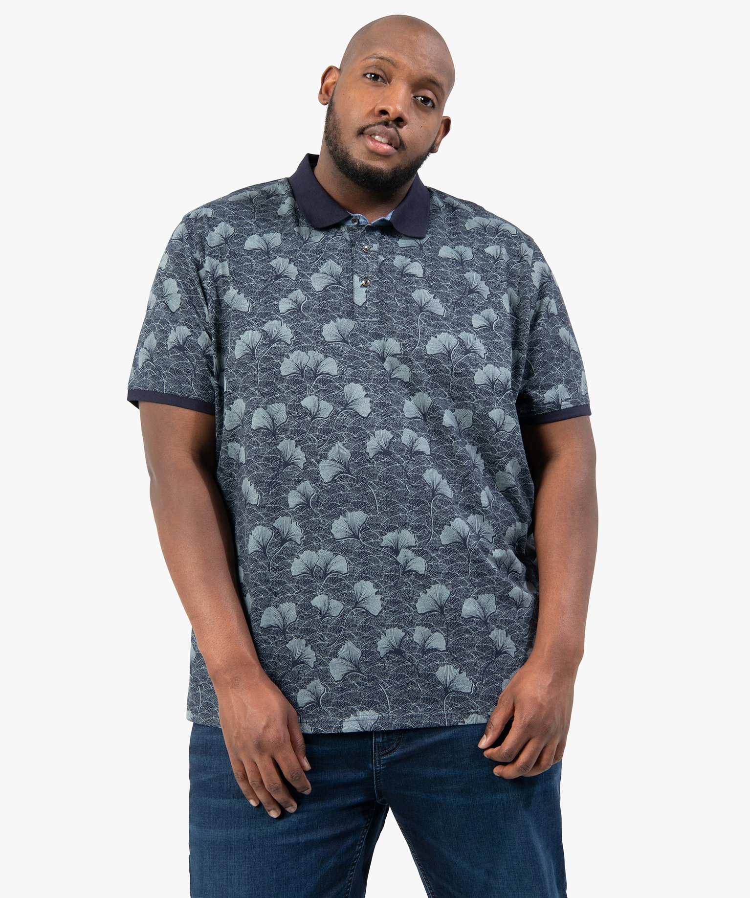 Polo homme grande taille à manches courtes et motif feuille bleu | GEMO
