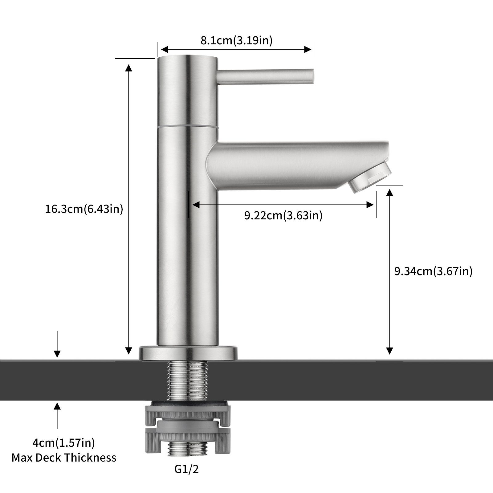 CECIPA Waschtischarmatur Kaltwasserarmatur mit Anschlussschlauch mit Auslauf Höhe 93.4 mm
