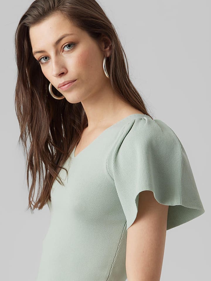 Vero Moda Geripptes Rüschen T-Shirt Kurzarm Strick Shirt VMGINNY in Mint günstig kaufen XS