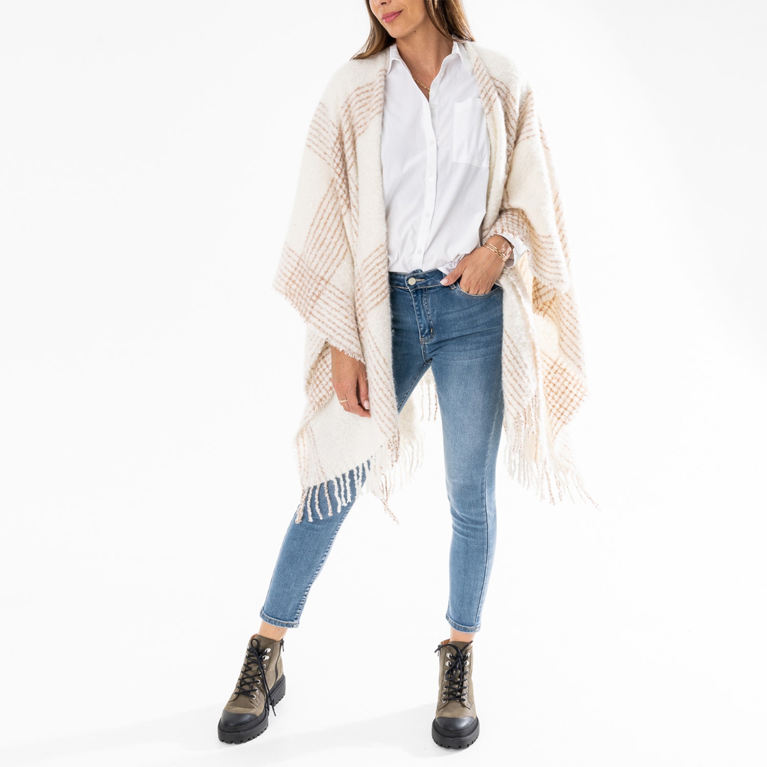 Poncho TEXTO écru à rayures-carreaux - taille unique