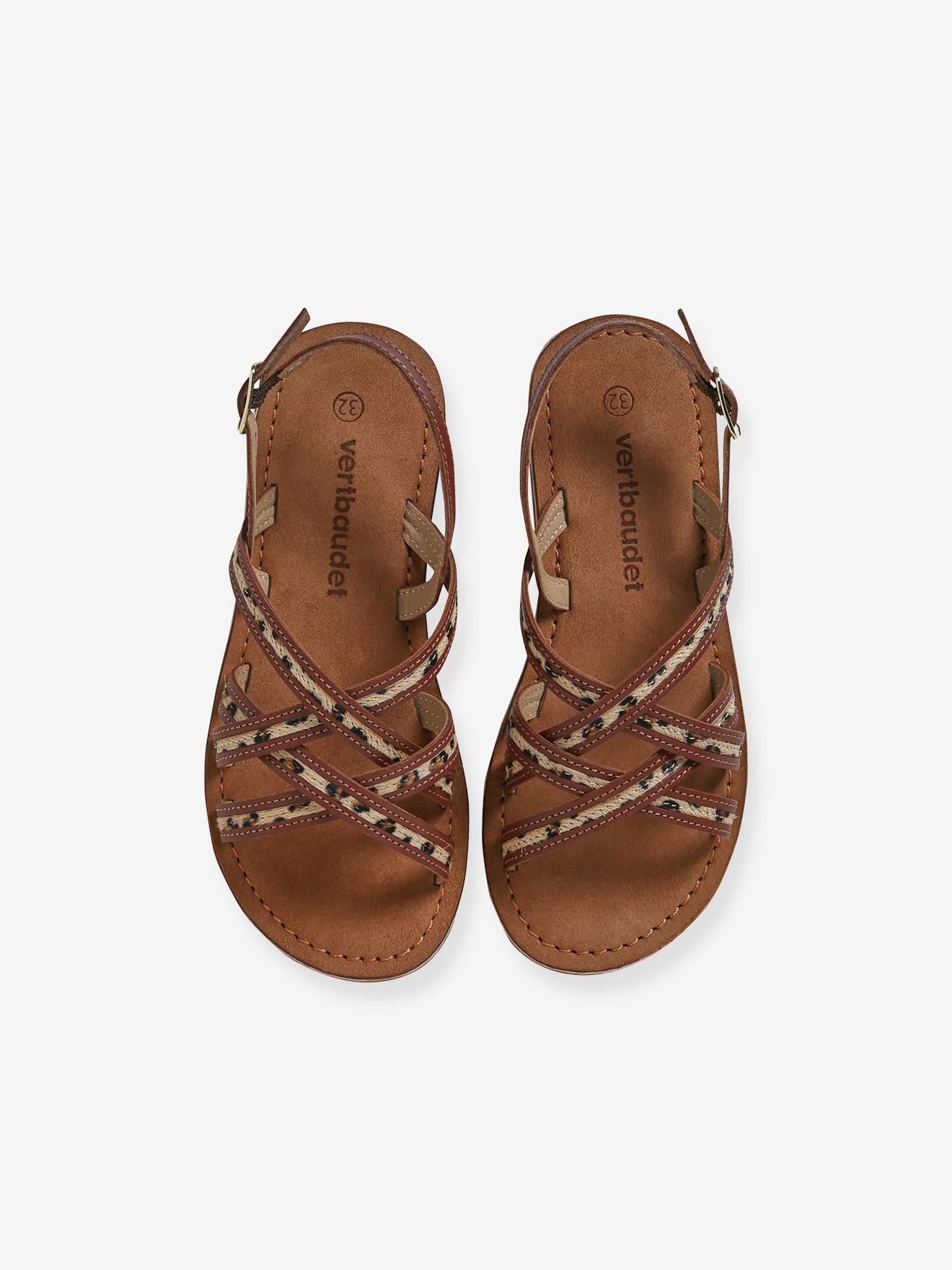 Vertbaudet Kinder Sandalen mit überkreuzten Riemchen - braun bedruckt