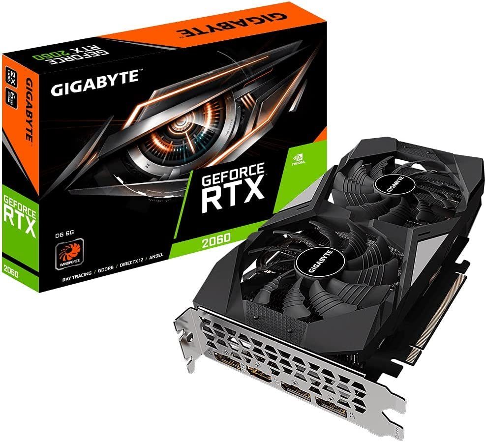 Gigabyte NVIDIA GeForce RTX2060 D6 Grafikkarte (6 GB, GDDR6, Echtzeit-Raytracing (5GRays/​s), Raytracing Cores (30), Tensor Cores (240), HDCP 2.2, 0dB-Zero-Fan-Modus, Backplate)