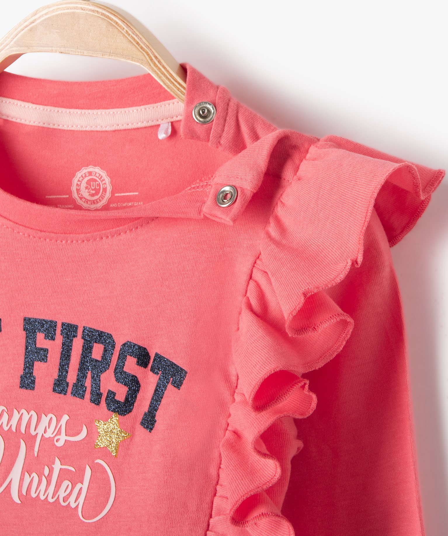 Tee-shirt bébé fille manches longues, volants et paillette... rose | GEMO