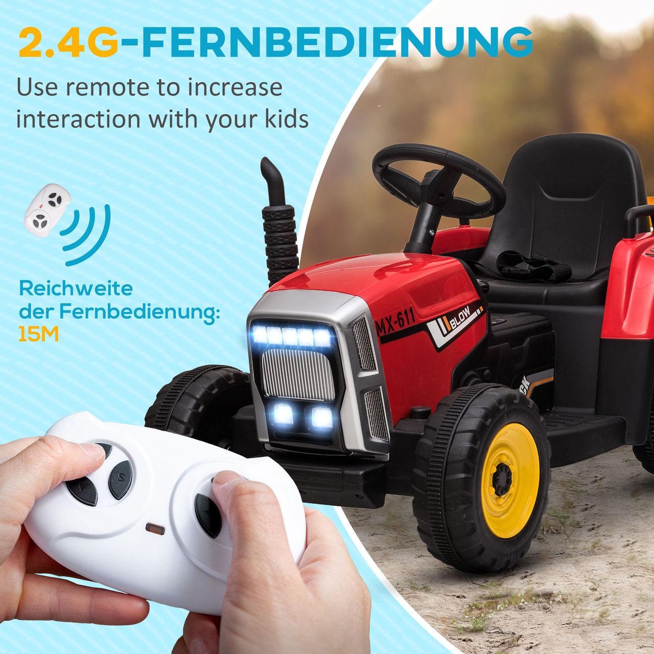 HOMCOM Elektrischer Traktor Kinder Aufsitztraktor mit MP3 Funktion, 3-6KM/H Rot