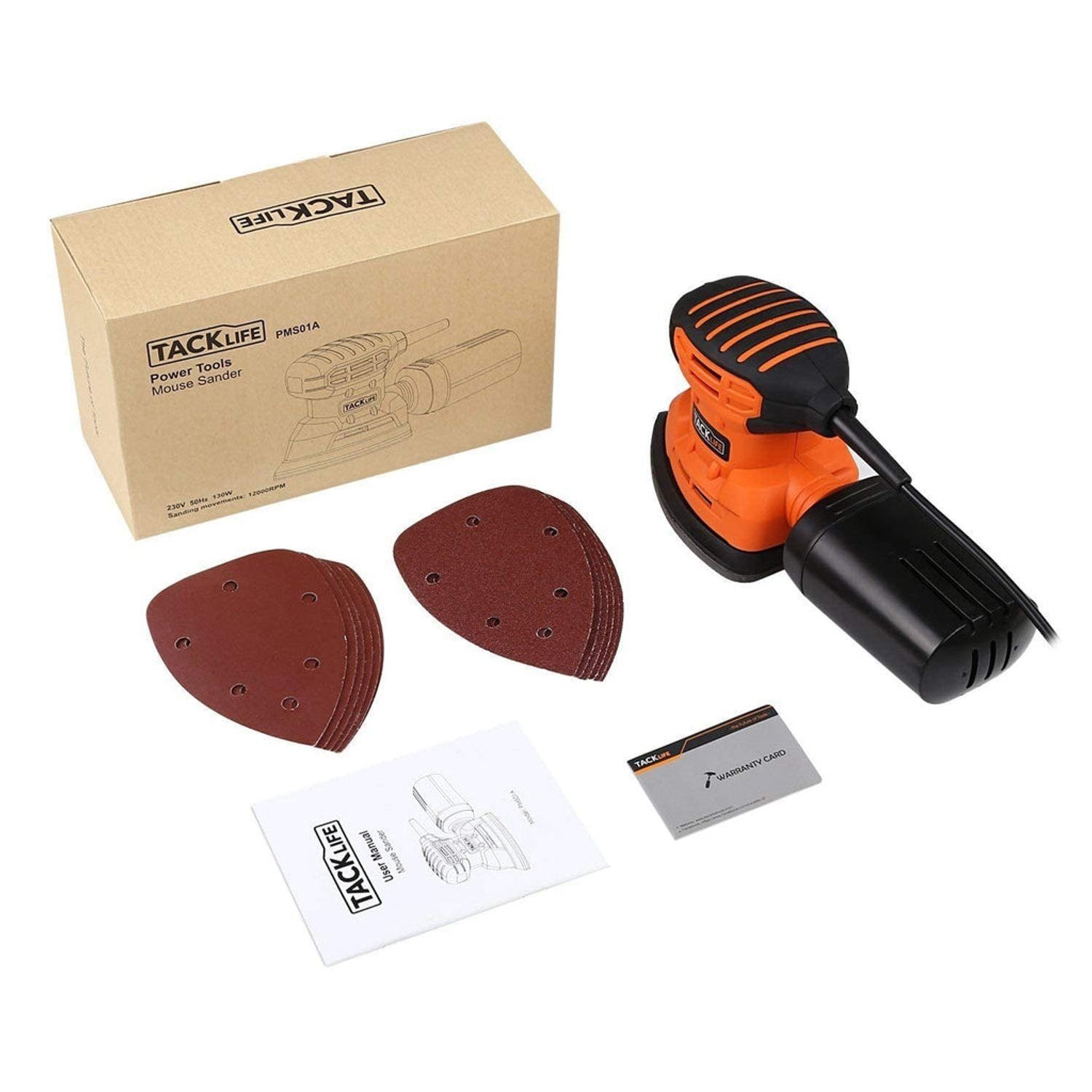 TACKLIFE Multischleifer, 130W 12000RPM mit 12 Schleifpapieren, 3m Netzkabel