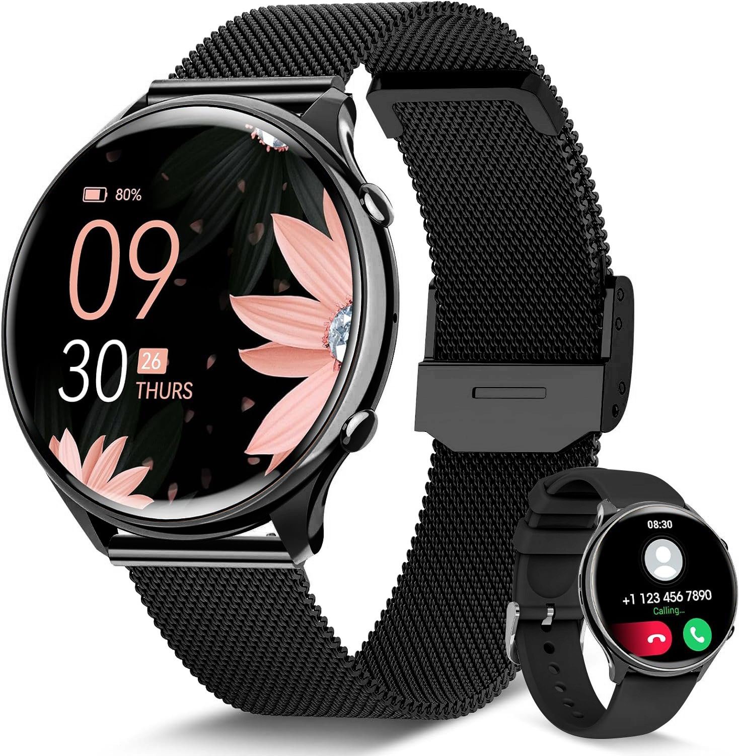 Powerwill Damen Smartwatch mit Telefonfunktion, 1,39-Zoll-HD-Voll-Touchscreen Smartwatch (1,39 Zoll) Schlafüberwachung, Menstruationszyklus, Armbanduhr, IP68, mit Wechselarmband aus Silikon, Fitness-Tracker mit 120 Sportmodi, SpO2-Herzfrequenzmesser