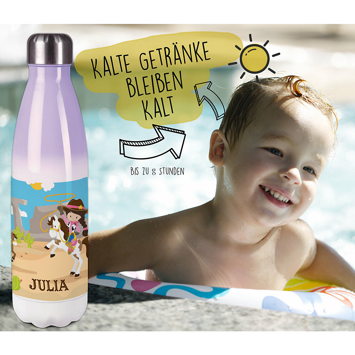 Edelstahl Kinder Thermoflasche / Trinkflasche bunt Cowgirl Spülmaschinenfest, Auslaufsicher, Bruchfest, Doppelwandig, Für Heißgetränke geeignet, Mit Deckel, Isoliert
