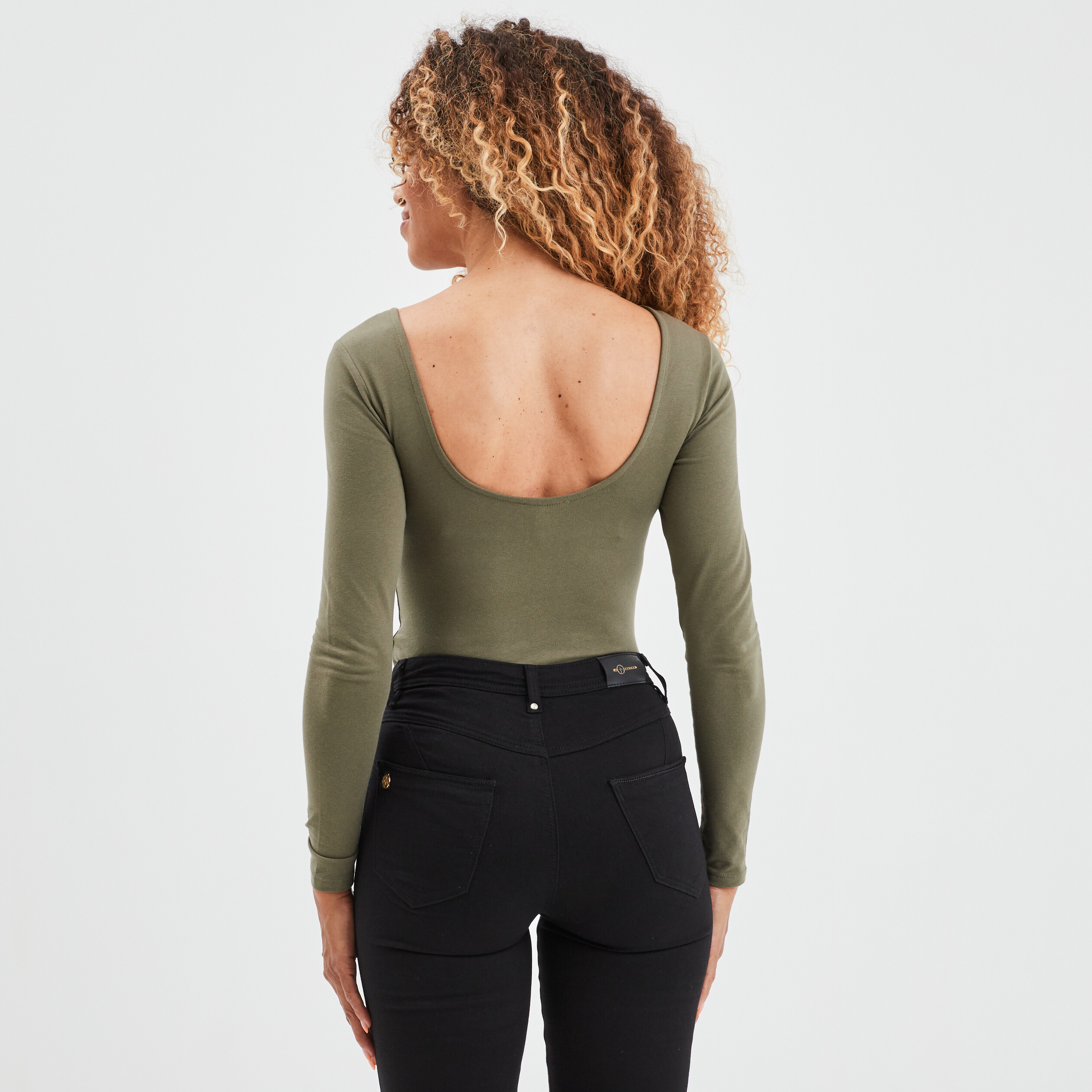 Body dos ouvert mnches longues coton vert kaki femme | La Halle