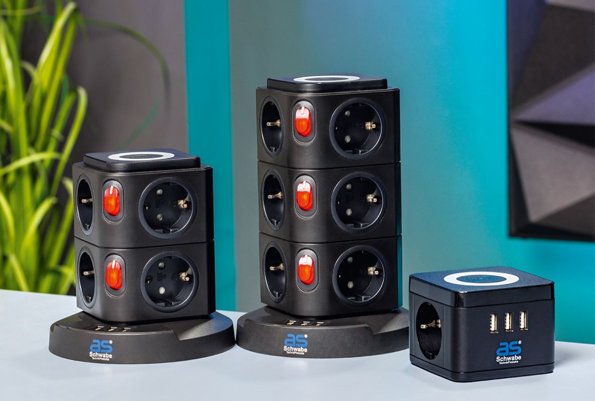 Regleta Schwabe 18220 tipo torre, 2 puertos con toma de tierra, 3 puertos USB con cargador de inducción, cable de 1,5 m.
